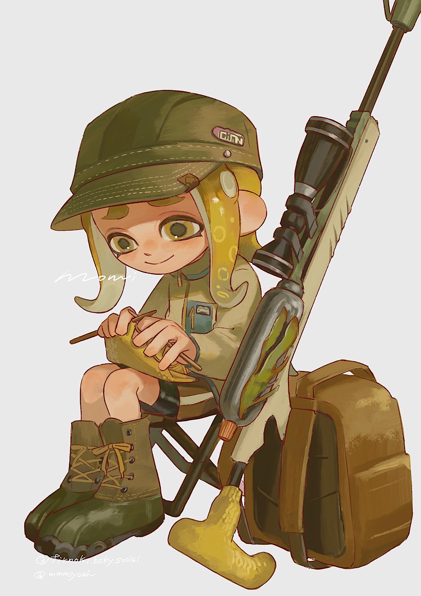totocosakana, octoling girl, octoling player character, nintendo, splatoon (series), splatoon 3, commentary, highres, symbol-only commentary, 1girl, blonde hair, boots, brown bag, brown boots, chair, e-liter 4k (splatoon), full body, green hat, hat, jacket, knitting, lace-up boots, long hair, octoling, on chair, sad, signature, simple background, sitting, solo, tentacle hair, weapon, white background, yellow eyes