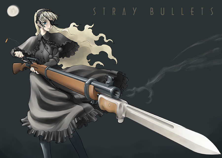 bang-you, blade, 1girl, bayonet, black dress, blonde hair, blue eyes, bolt-action rifle, dress, eyepatch, female focus, full moon, gun, long hair, moon, rifle, scope, smoke, sniper rifle, solo, stray bullets, weapon
