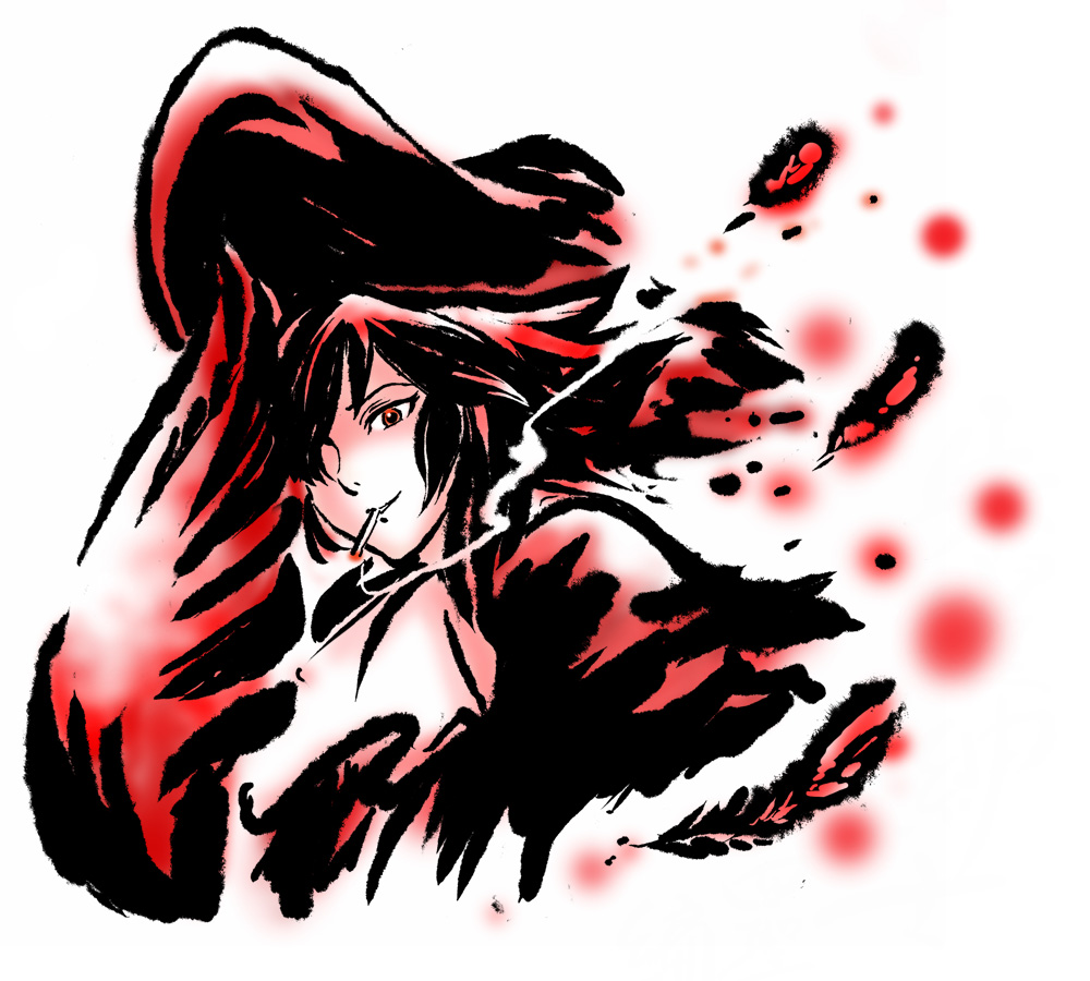 azuki osamitsu, 1girl, cigarette, feathers, female focus, monochrome, red theme, smoking, solo