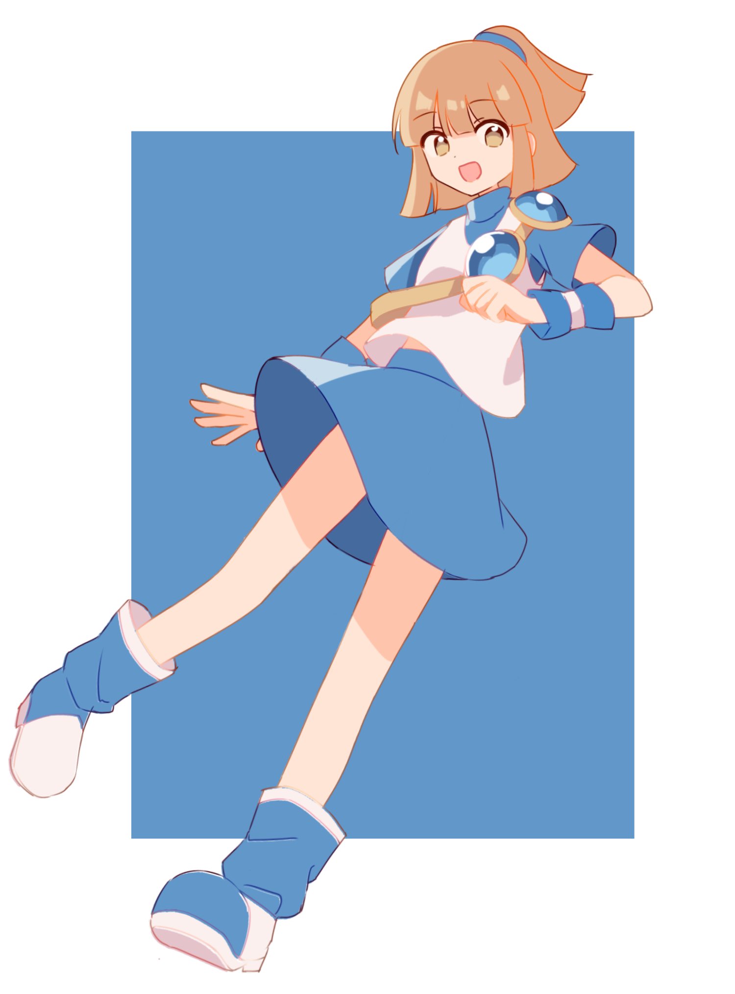 minagi 379, arle nadja, madou monogatari, puyopuyo, highres, arm warmers, armor, blue boots, blue skirt, boots, breastplate, brown eyes, brown hair, high ponytail, looking at viewer, multicolored boots, open mouth, ponytail, shoulder armor, sidelocks, simple background, skirt, two-tone background, two-tone boots
