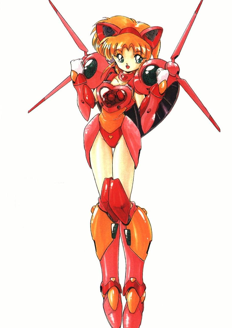 akitaka mika, jinguuji shiori, ginga ojou-sama densetsu yuna, highres, scan, 1990s (style), 1girl, armor, blue eyes, boots, choker, female focus, gloves, greaves, hairband, heart, mecha musume, orange hair, pauldrons, pigeon-toed, pink boots, retro artstyle, robot ears, shoulder armor, simple background, solo, thigh boots, thigh gap, thighhighs, thighs, zettai ryouiki