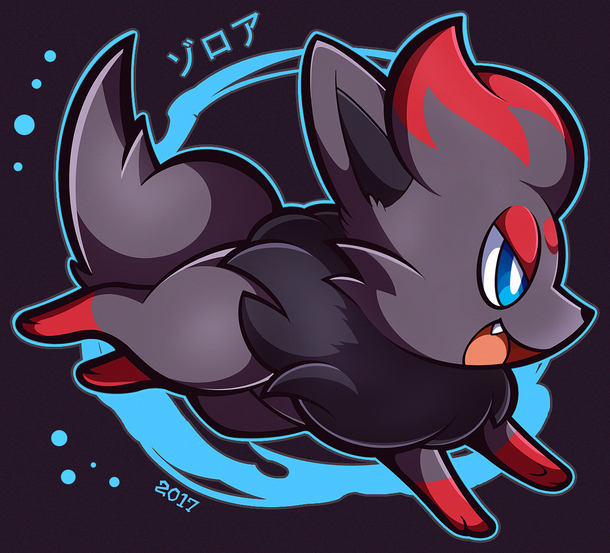 woofzilla, zorua, nintendo, pokemon, commentary, english commentary, translation request, animal focus, blue eyes, blue outline, bright pupils, dated, fang, from side, full body, gen 5 pokemon, no humans, open mouth, outline, pokemon (creature), running, simple background, solo, white pupils