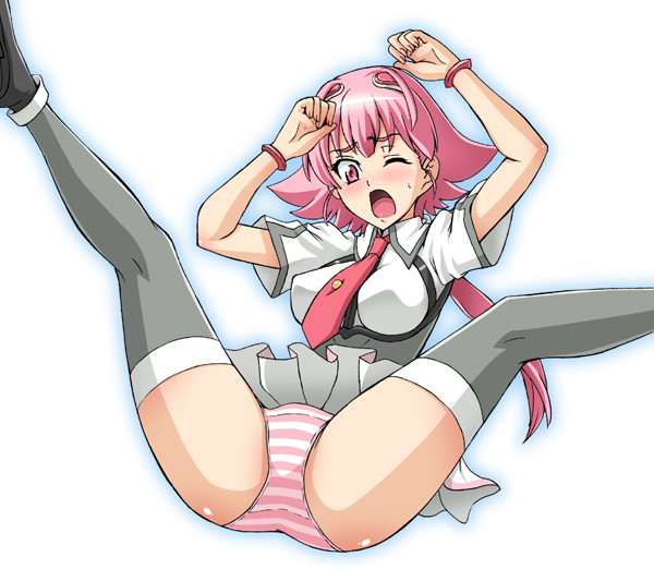 akiyama kenta, shishidou akiha, sora wo kakeru shoujo, 00s, 1girl, ;o, ass, blush, bracelet, buttons, clothes lift, female focus, grey thighhighs, hair ornament, jewelry, kneepits, legs up, long hair, necktie, one eye closed, open mouth, panties, pantyshot, pink eyes, pink hair, pink panties, pleated skirt, ponytail, reclining, school uniform, simple background, skirt, skirt lift, solo, spiked hair, spread legs, striped clothes, striped panties, sweatdrop, thighhighs, underwear, upskirt, white panties, wince, wink