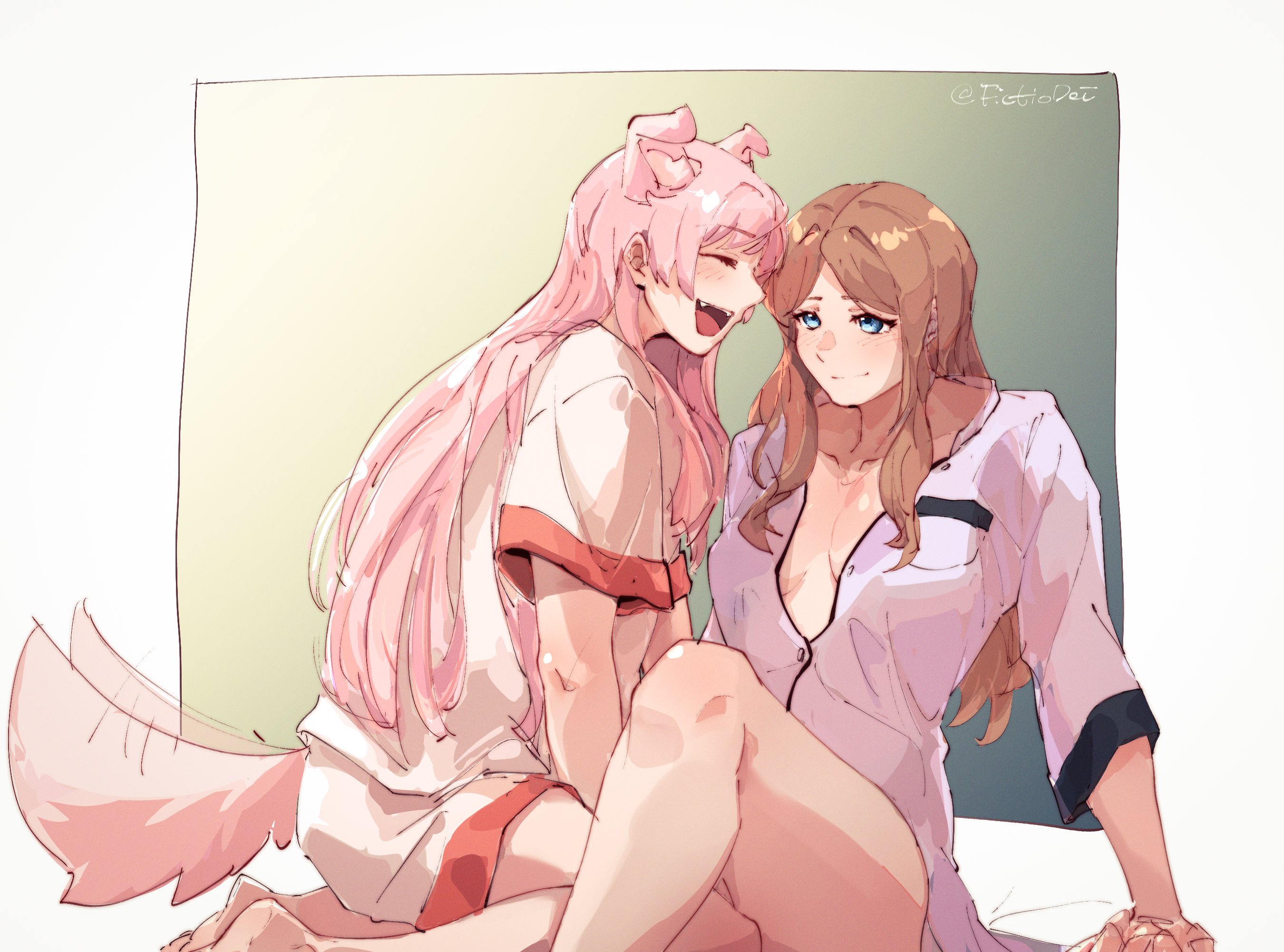 chihaya anon, nagasaki soyo, bang dream!, bang dream! it's mygo!!!!!, chinese commentary, commentary request, highres, 2girls, animal ears, barefoot, blue eyes, blue shirt, blush, breasts, breasts apart, brown hair, closed eyes, closed mouth, dog ears, dog girl, dog tail, fangs, fictio dei, kemonomimi mode, kneeling, long hair, medium breasts, multiple girls, no bra, open mouth, pajamas, partially unbuttoned, pink hair, shirt, shorts, sidelocks, tail, tail wagging, white shirt, white shorts, yuri