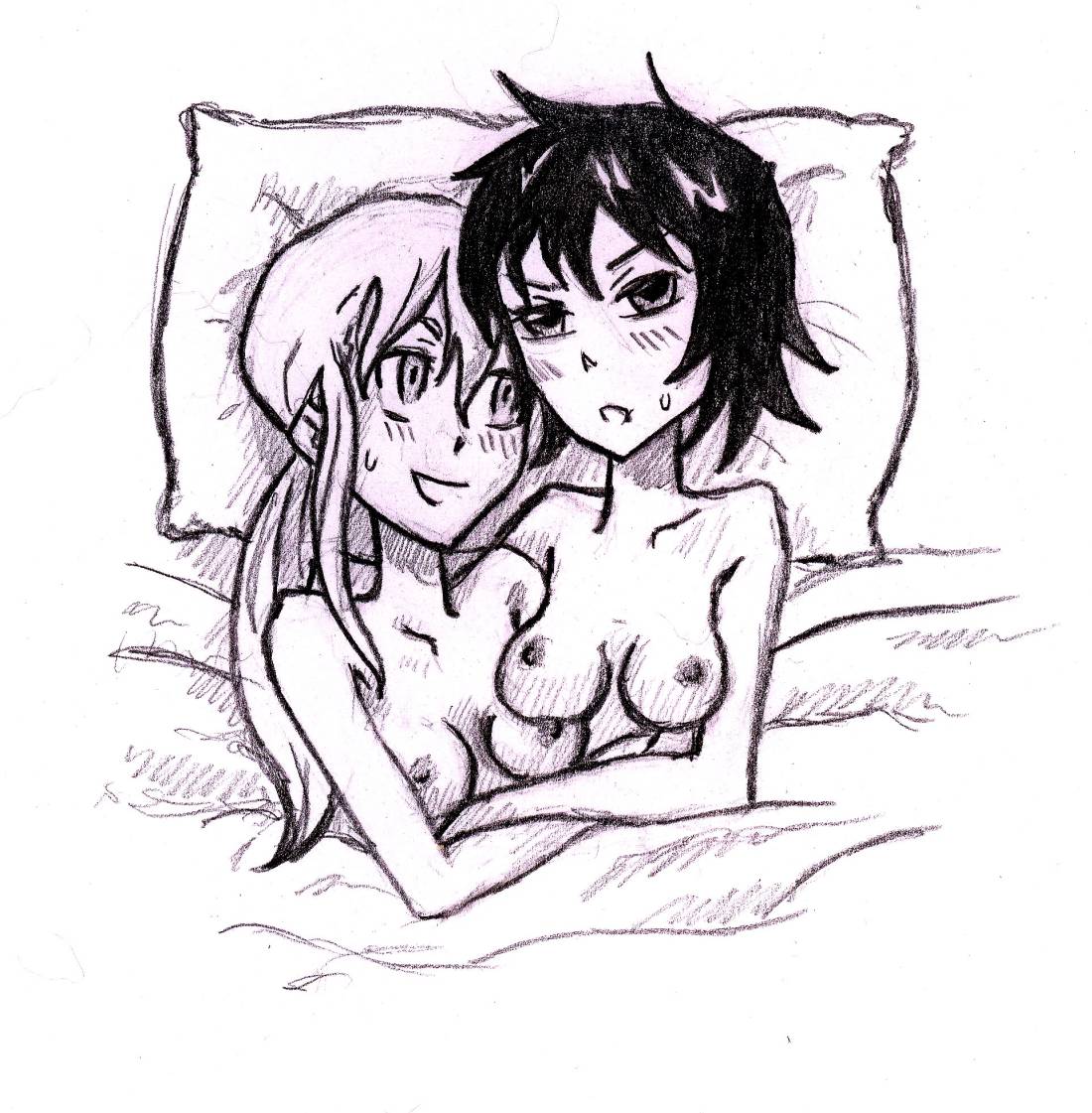 kageyama torako, kazamatsuri touma, hyakko, non-web source, self-upload, 00s, 2girls, bad anatomy, multiple girls, poorly drawn, topless female, yuri