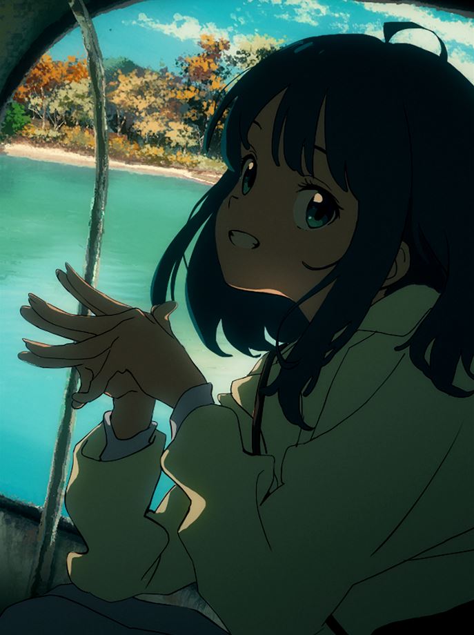 yanami anna, make heroine ga oo sugiru!, commentary request, 1girl, ahoge, blue eyes, blue hair, blue sky, cloud, cloudy sky, day, grin, kikuchi yuuichirou, long hair, long sleeves, looking at viewer, outdoors, own hands together, shade, sidelocks, sky, smile, solo, sunlight