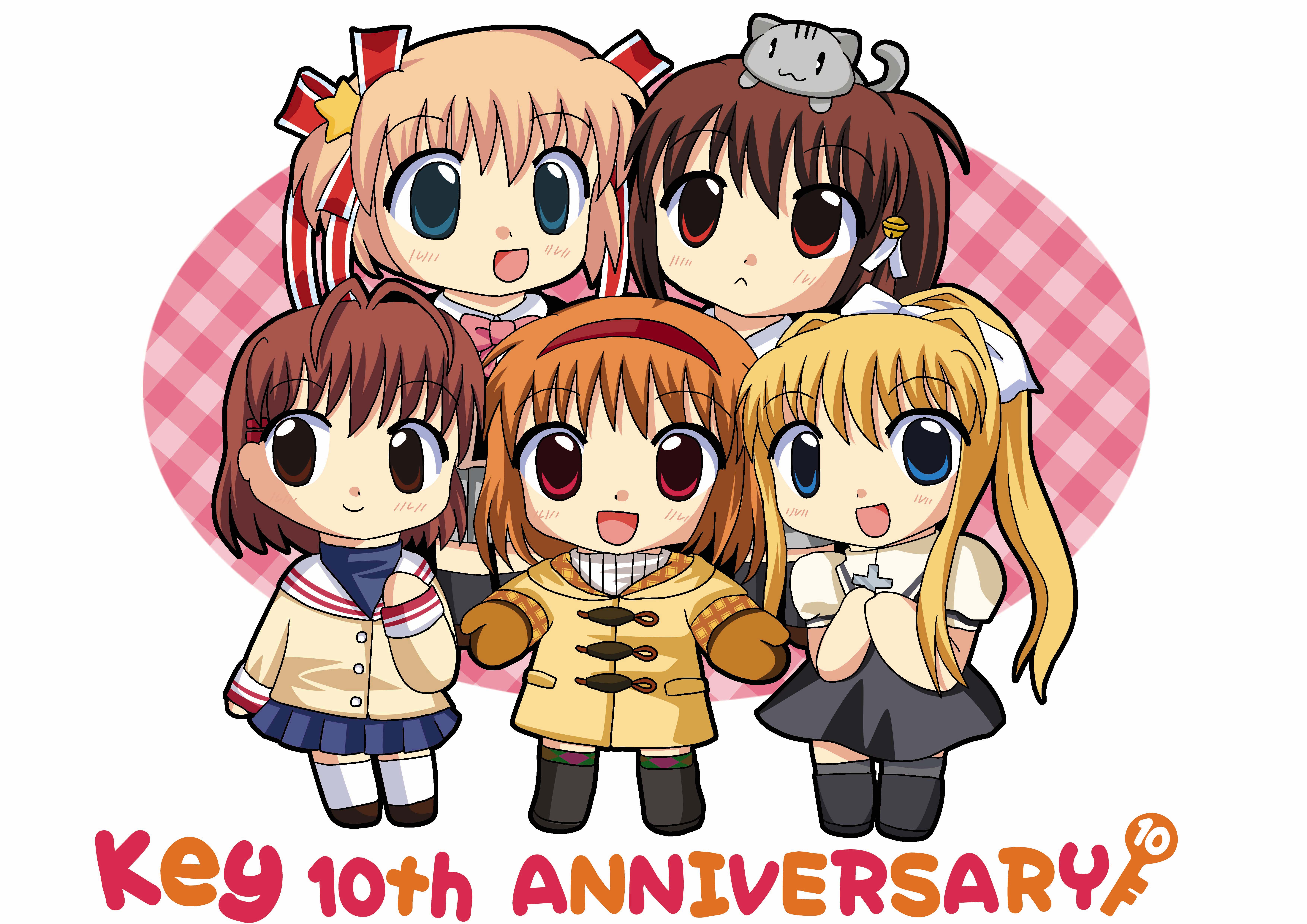 nekoashi tororo, furukawa nagisa, kamikita komari, kamio misuzu, natsume rin, tsukimiya ayu, air (visual novel), clannad, kanon, key (company), little busters!, absurdres, bad id, bad pixiv id, highres, 00s, 5girls, animal, animal on head, blonde hair, cat, cat on head, chibi, company connection, crossover, multiple girls, on head, school uniform