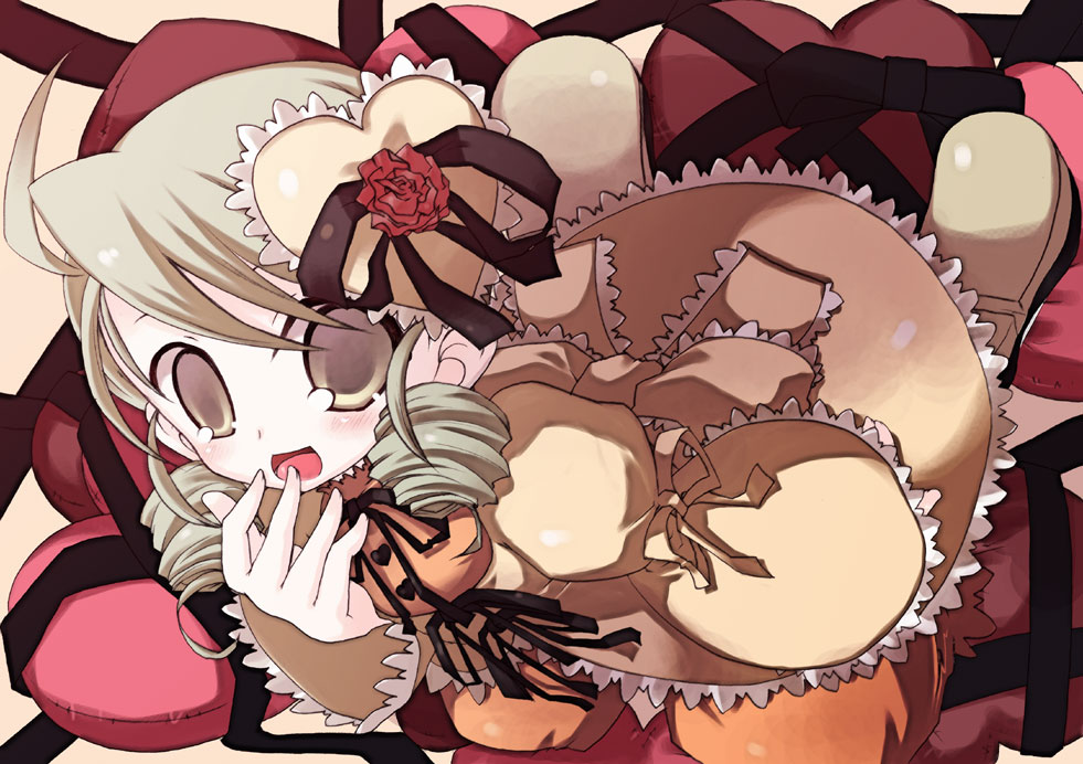 kosori (dennoukitan), yuugi, kanaria, rozen maiden, 00s, 1girl, blush, drill hair, female focus, green hair, hair ornament, smile, solo, yellow eyes