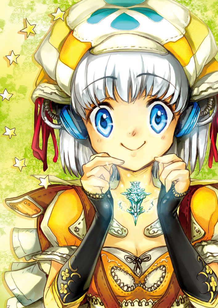 kan satomi, original, eyebrows, silver hair, 1girl, black gloves, blunt bangs, blush, breasts, cleavage, clenched hands, collarbone, elbow gloves, female focus, fingerless gloves, gloves, hat, juliet sleeves, long sleeves, looking at viewer, looking back, puffy long sleeves, puffy sleeves, small breasts, smile, solo, tareme, tassel