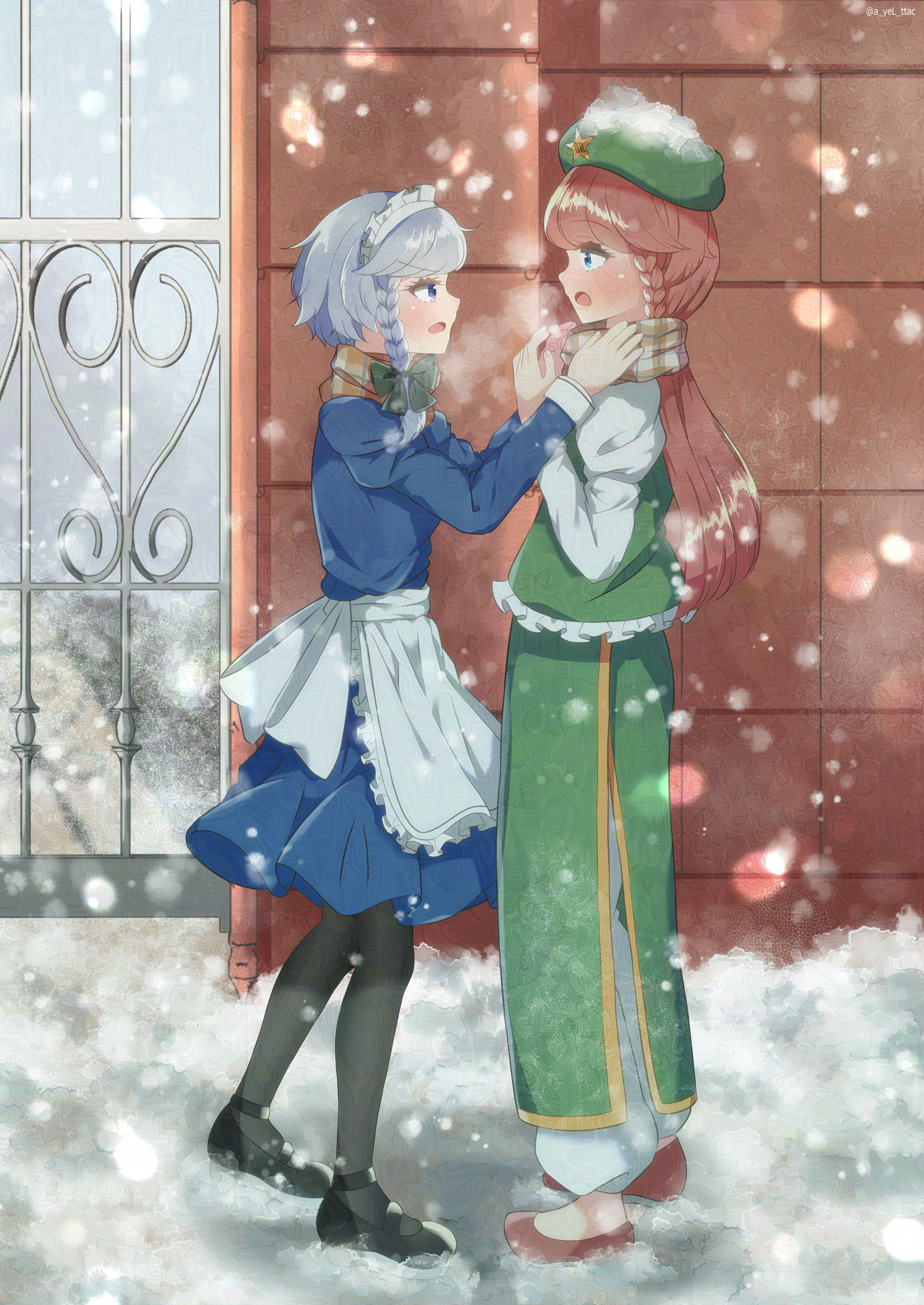 cattleya (a yel ttac), hong meiling, izayoi sakuya, touhou, absurdres, commentary request, highres, 2girls, :o, adjusting clothes, apron, beret, black pantyhose, black shoes, blue dress, blush, bow, braid, breath, brown hair, brown scarf, dress, eye contact, fence, frilled apron, frills, from side, full body, gate, green bow, green hat, green overskirt, green vest, grey hair, hair bow, hat, iron fence, long hair, long sleeves, looking at another, maid, maid apron, maid headdress, mary janes, multiple girls, outdoors, pants, pantyhose, profile, scarf, shirt, shoes, short hair, single braid, skirt, skirt set, snow, snow on headwear, snowing, very long hair, vest, waist apron, white apron, white pants, white shirt, yuri