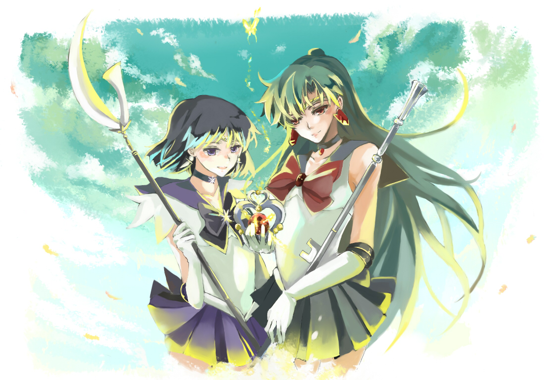 nako, nako (nonrain), meiou setsuna, sailor pluto, sailor saturn, tomoe hotaru, bishoujo senshi sailor moon, black neckwear, bad id, bad pixiv id, 1990s (style), 2girls, black bow, bob cut, bow, brooch, choker, earrings, elbow gloves, garnet rod, gloves, glowing, green hair, hair bun, holding, holding polearm, holding spear, holding weapon, jewelry, long hair, magical girl, multiple girls, outer senshi, polearm, purple hair, purple skirt, red bow, retro artstyle, rod, sailor senshi, school uniform, silence glaive, single hair bun, skirt, spear, staff, star brooch, very long hair, weapon, white gloves