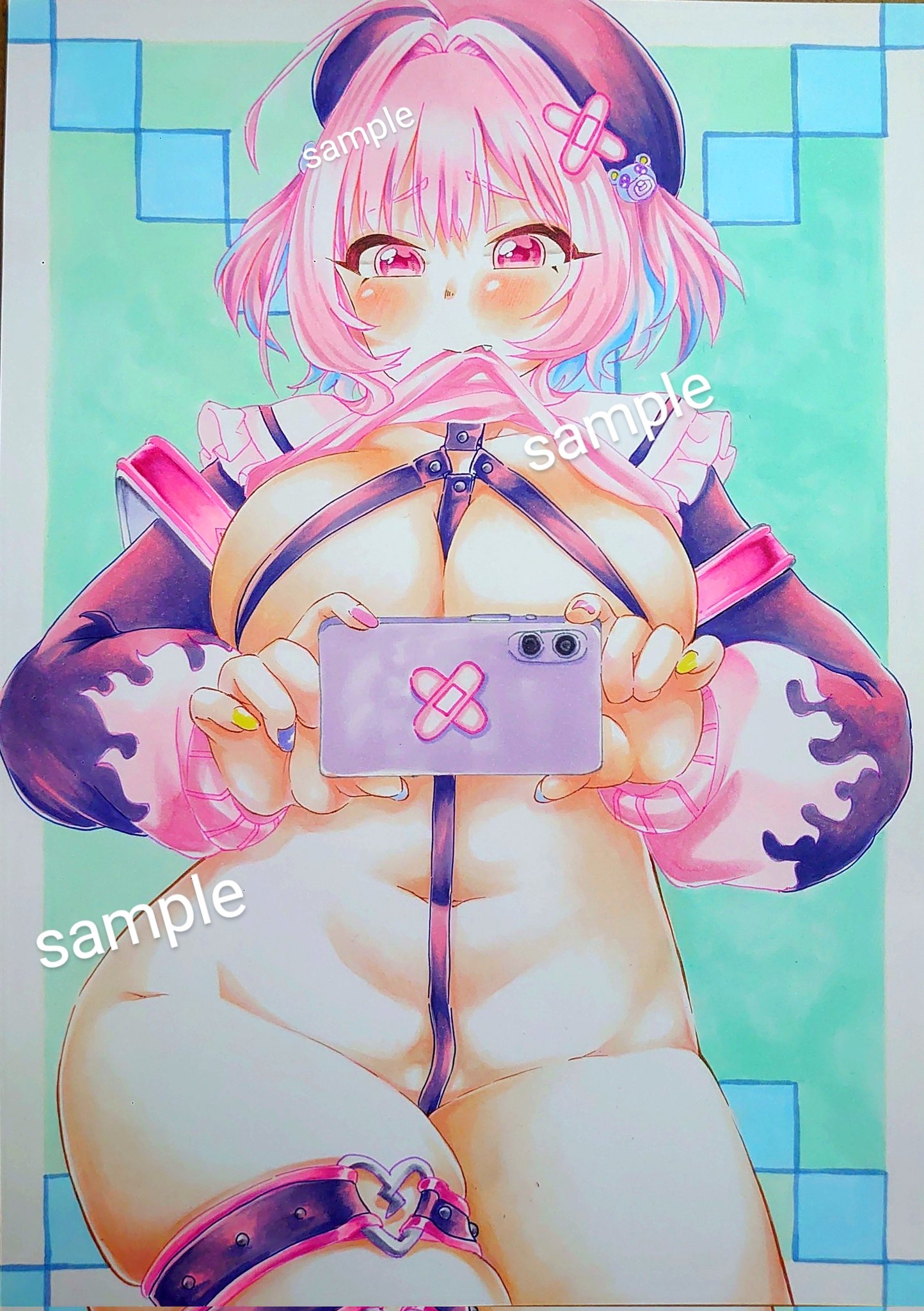 yumemi riamu, idolmaster, idolmaster cinderella girls, idolmaster cinderella girls starlight stage, commentary, highres, marker (medium), traditional media, 1girl, ahoge, aqua background, aqua hair, backpack, bag, beret, between breasts, blue nails, blush, breasts, broken heart, cellphone, chest harness, chikoneri, clothes lift, colored inner hair, crossed bandaids, fang, fang out, fingernails, flame print, frilled sailor collar, frills, groin, hair intakes, harness, hat, heart, heart o-ring, holding, holding phone, jacket, jacket lift, large breasts, long sleeves, medium hair, mouth hold, multicolored hair, nail polish, navel, o-ring, o-ring harness, o-ring thigh strap, phone, pink bag, pink eyes, pink hair, pink jacket, pink nails, purple hat, purple jacket, randoseru, sailor collar, sample watermark, selfie, skindentation, smartphone, solo, stomach, strap between breasts, teddy bear hair ornament, thigh strap, thighs, two-tone hair, two side up, watermark, white sailor collar, yellow nails