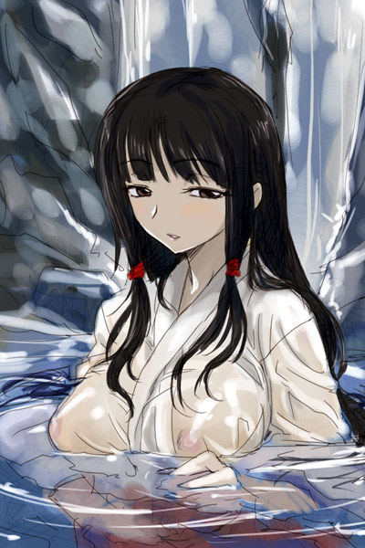 michael f91, original, 1girl, black hair, breasts, brown eyes, female focus, japanese clothes, large breasts, long hair, miko, nipples, see-through clothes, solo, water, wet, wet clothes