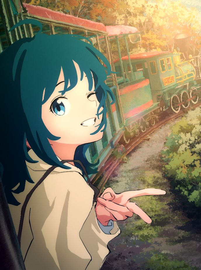 yanami anna, make heroine ga oo sugiru!, commentary request, 1girl, ahoge, blue eyes, blue hair, day, grin, kikuchi yuuichirou, long hair, long sleeves, looking at viewer, one eye closed, outdoors, smile, solo, sunlight, train, v