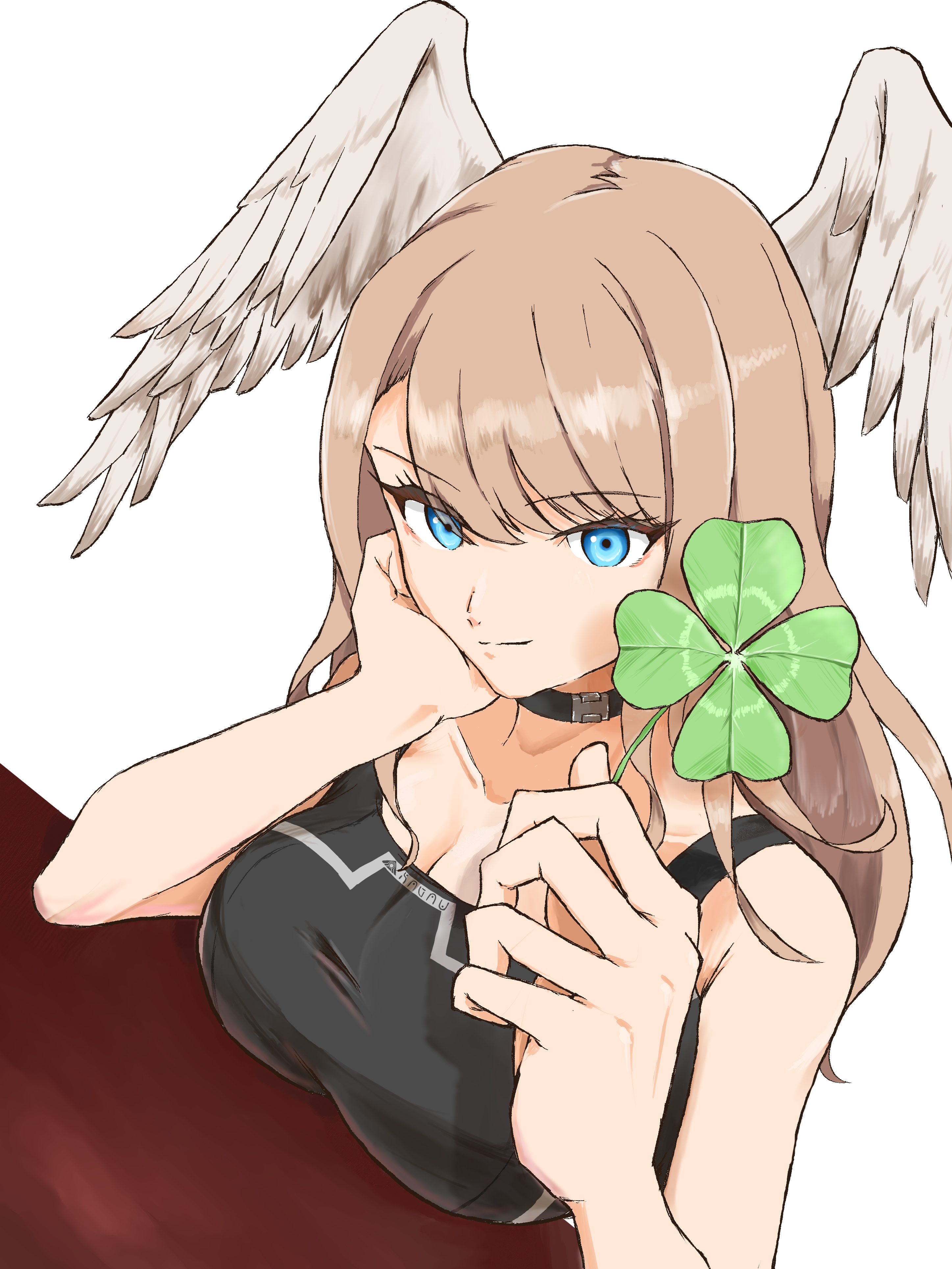 inudawan inu, eunie (xenoblade), xenoblade chronicles (series), xenoblade chronicles 3, absurdres, commentary request, highres, 1girl, black choker, blue eyes, breasts, brown hair, choker, cleavage, closed mouth, clover, collarbone, eyelashes, flower, four-leaf clover, head wings, holding, holding flower, large breasts, looking at viewer, sitting, smile, solo, white background, wings
