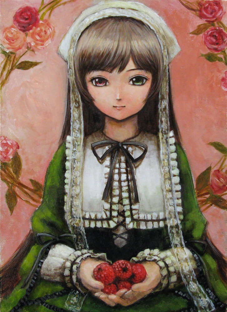 tafuto, suiseiseki, rozen maiden, bad id, bad pixiv id, oil painting (medium), painting (medium), traditional media, 00s, brown hair, dress, food, frills, fruit, hairband, headscarf, heterochromia, long hair, raspberry, ribbon, solo, white headscarf