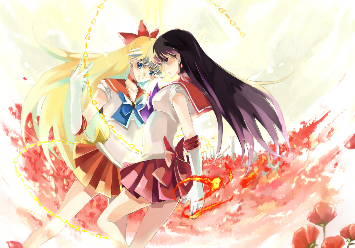nako, nako (nonrain), aino minako, hino rei, sailor mars, sailor venus, bishoujo senshi sailor moon, bad id, bad pixiv id, 1990s (style), 2girls, black hair, blonde hair, bow, choker, earrings, elbow gloves, fire, flower, gloves, hair bow, half updo, heart, inner senshi, jewelry, long hair, magical girl, miniskirt, multiple girls, orange skirt, red bow, red skirt, sailor senshi, school uniform, skirt, tiara, white gloves