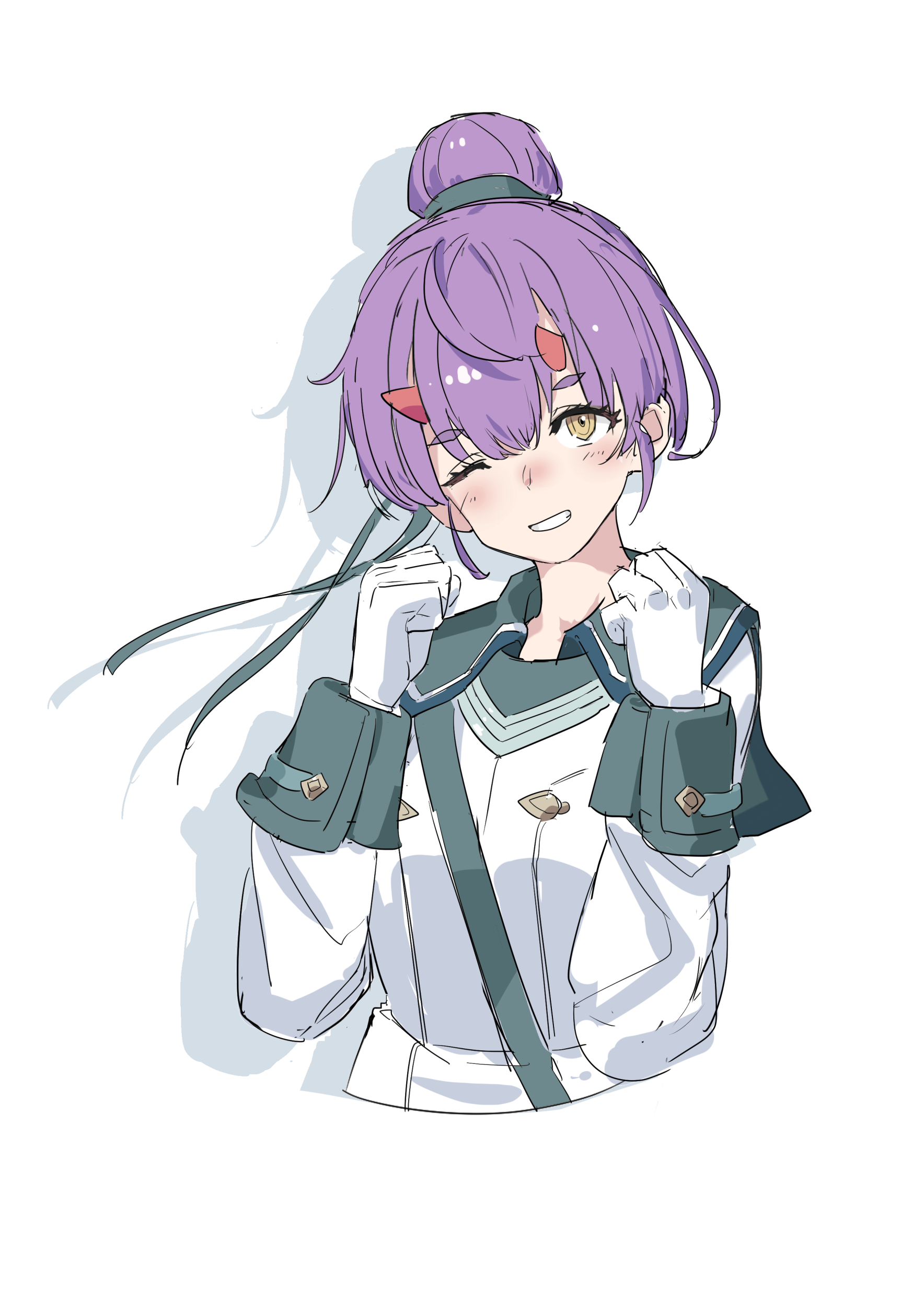 huanxiang huifeng, fiona (xenoblade), xenoblade chronicles (series), xenoblade chronicles 3, absurdres, highres, 1girl, arms up, clenched hand, gloves, hair bun, horns, one eye closed, purple hair, simple background, single hair bun, skin-covered horns, solo, upper body, white background, white gloves, yellow eyes