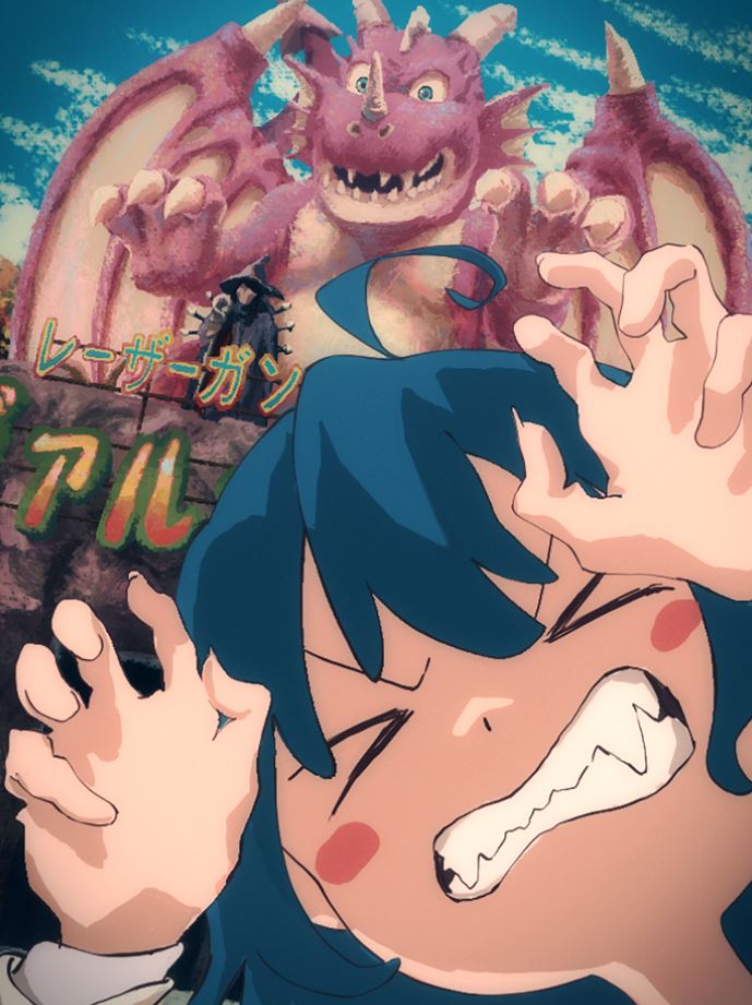 yanami anna, make heroine ga oo sugiru!, commentary request, > <, 1girl, ahoge, blue hair, blue sky, blush stickers, claw pose, clenched teeth, cloud, cloudy sky, dragon, kikuchi yuuichirou, outdoors, sky, solo, teeth