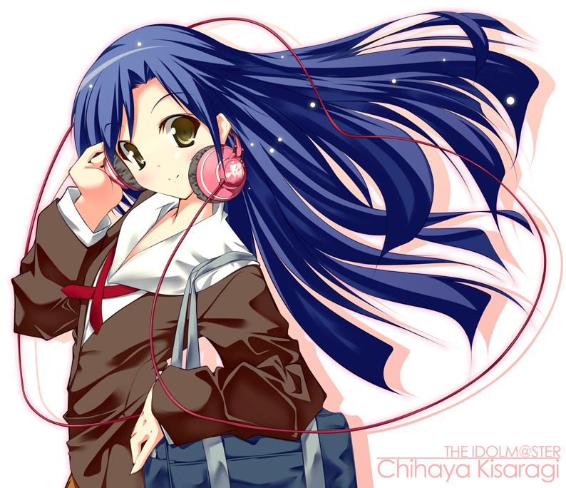 chu (chu inthis), kisaragi chihaya, idolmaster, idolmaster (classic), idolmaster 1, 00s, 1girl, bag, brown eyes, brown jacket, cable, character name, closed mouth, copyright name, duffel bag, female focus, floating hair, head tilt, headphones, jacket, light particles, long hair, long sleeves, looking at viewer, over shoulder, school uniform, simple background, smile, solo, tareme, upper body, very long hair, wind