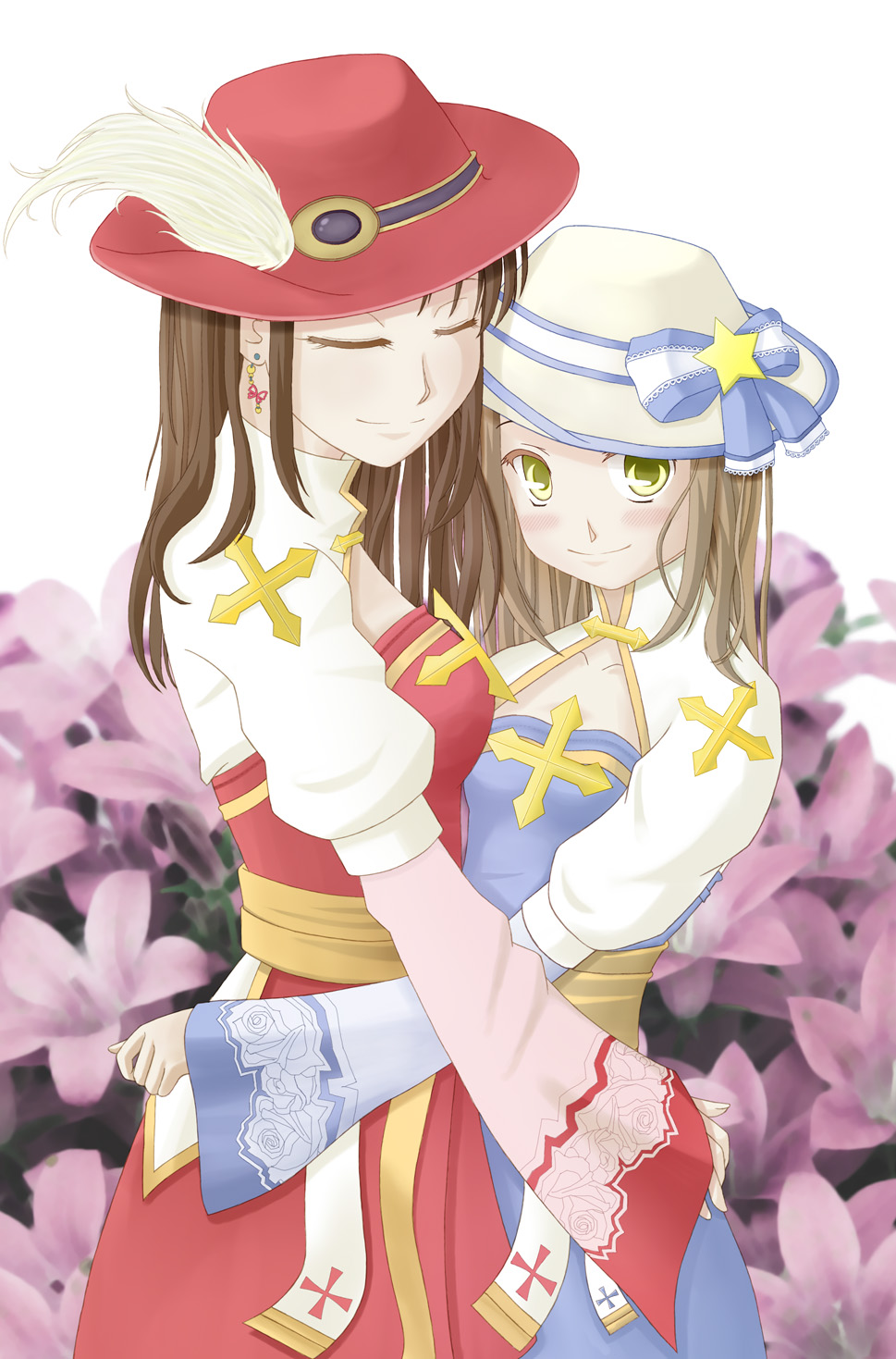 arch bishop (ragnarok online), ragnarok online, commentary request, highres, painttool sai (medium), 2girls, blue dress, blush, breasts, brown hair, cleavage cutout, closed eyes, closed mouth, clothing cutout, cowboy shot, cross, dress, earrings, flower, hat, hat ornament, hug, jewelry, juliet sleeves, long hair, long sleeves, looking at viewer, medium breasts, mimikuma, multiple girls, pink flower, plume, puffy sleeves, red dress, red hat, sash, small breasts, smile, star (symbol), star hat ornament, two-tone dress, white background, white dress, white hat, yellow eyes, yellow sash, yuri