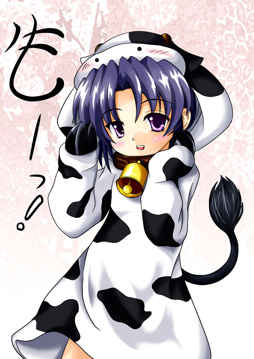 tourouan, ichinose kotomi, clannad, highres, 1girl, animal costume, animal print, bell, blue hair, cosplay, cow costume, cow print, cowbell, female focus, purple eyes, solo