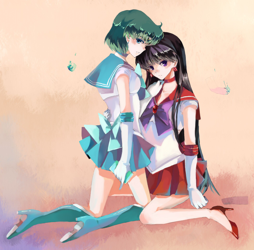 nako, nako (nonrain), hino rei, mizuno ami, sailor mars, sailor mercury, bishoujo senshi sailor moon, blue footwear, bad id, bad pixiv id, 1990s (style), 2girls, black hair, blue eyes, blue hair, blue sailor collar, blue skirt, boots, bow, choker, earrings, elbow gloves, fire, gloves, high heel boots, high heels, inner senshi, jewelry, knee boots, kneeling, leotard, long hair, looking at viewer, magical girl, miniskirt, multiple girls, pleated skirt, purple eyes, red skirt, sailor collar, sailor senshi, shoes, short hair, skirt, tiara, very long hair, water, white gloves