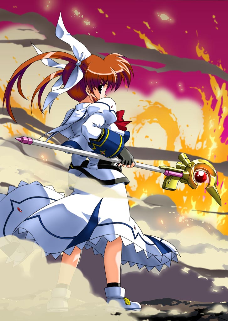 fujitama (lose dog), raising heart, raising heart (accel mode), takamachi nanoha, takamachi nanoha (sacred mode), lyrical nanoha, mahou shoujo lyrical nanoha, mahou shoujo lyrical nanoha a's, 00s, 1girl, bow, brown hair, female focus, fingerless gloves, fire, gloves, magazine (weapon), magical girl, purple eyes, red bow, red hair, smoke, solo, staff, twintails, white devil