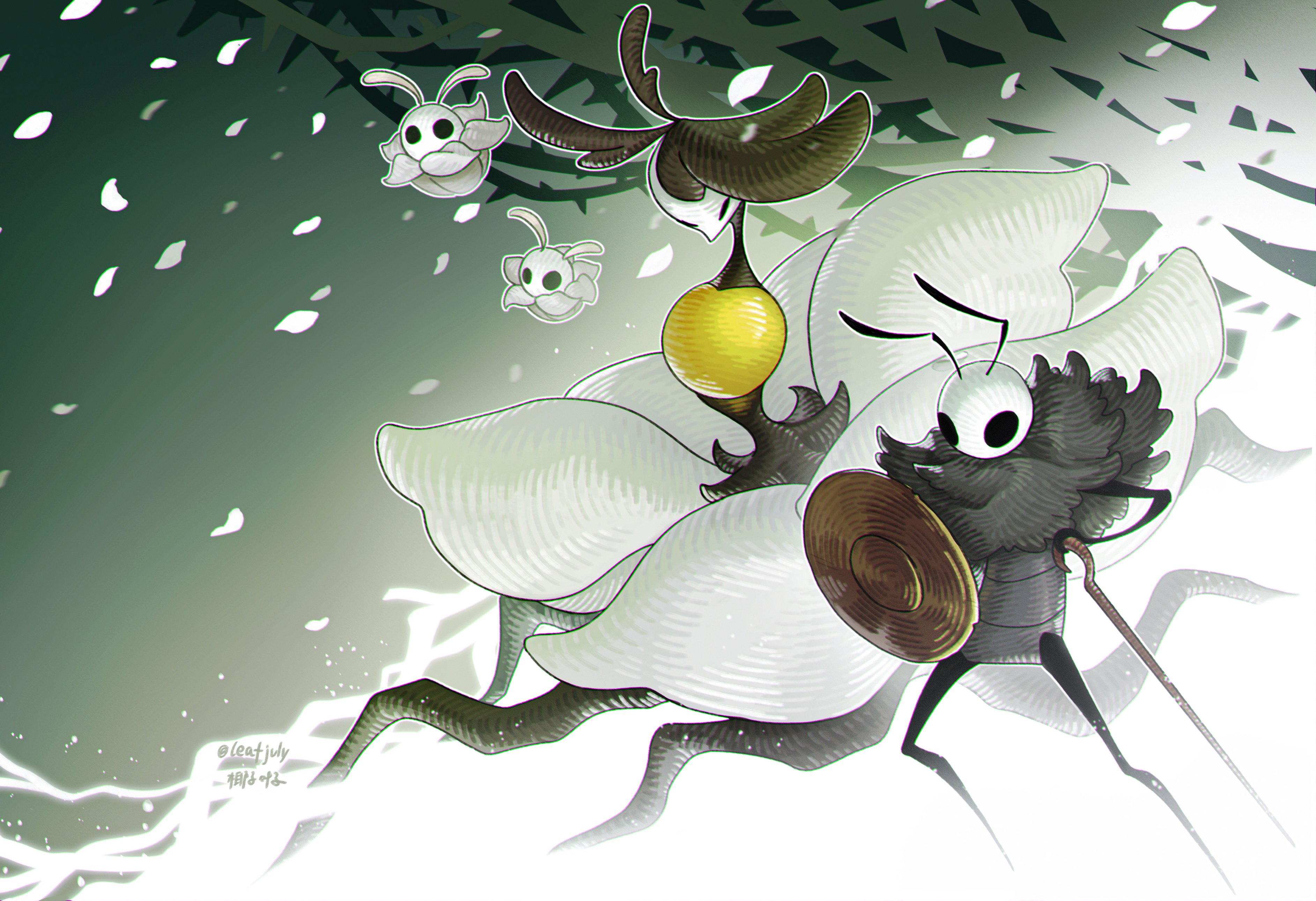 hollow knight, hollow knight: silksong, absurdres, commentary, english commentary, highres, 1boy, 1girl, antennae, arthropod boy, arthropod girl, artist name, black eyes, closed eyes, falling petals, flying, holding, holding shield, leafjuly, monster girl, nyleth (hollow knight), petals, phacia (hollow knight), pin (hollow knight), seth (hollow knight), shield, standing, twitter username, white petals