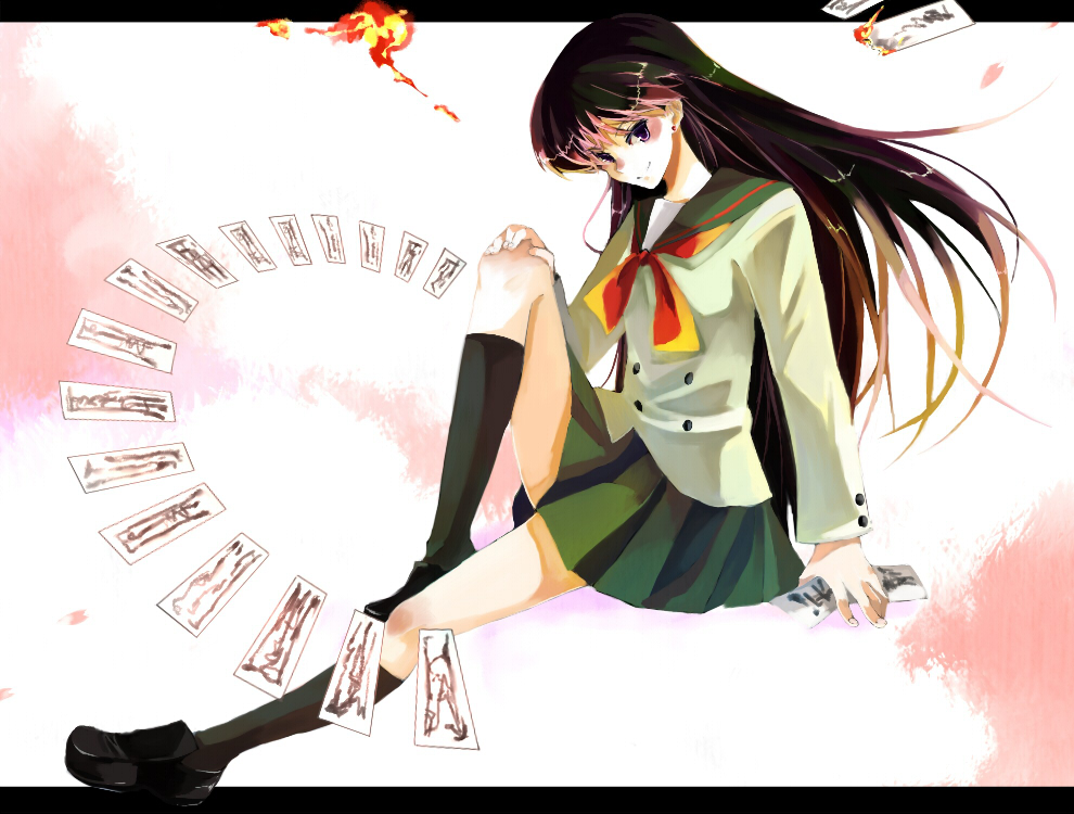 nako, nako (nonrain), hino rei, bishoujo senshi sailor moon, bad id, bad pixiv id, 1990s (style), 1girl, black hair, female focus, fire, kneehighs, letterboxed, long hair, ofuda, retro artstyle, school uniform, serafuku, socks, solo