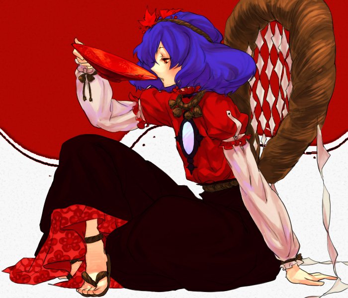 egawa satsuki, yasaka kanako, touhou, drink, liquor, mirror, purple hair, red eyes, rope, sake, short hair