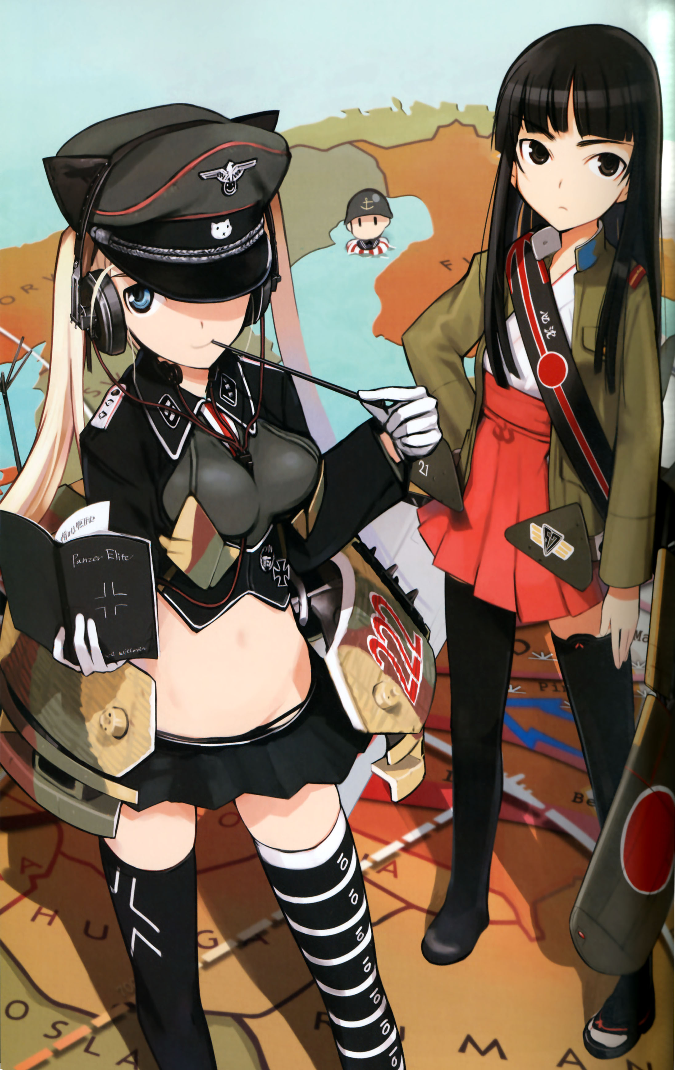 shimada fumikane, mc axis, black legwear, striped legwear, absurdres, highres, scan, 1boy, 2girls, afloat, anchor symbol, animal print, asymmetrical legwear, badge, balkenkreuz, between breasts, black eyes, black hair, blonde hair, blue eyes, blunt bangs, book, breasts, camouflage, cat print, chibi, clothes writing, crop top, cross, flat chest, germany, gloves, hakama, hakama short skirt, hakama skirt, hand on own hip, hat, hat over one eye, headphones, helmet, holding, holding book, iron cross, jacket, japan, japanese clothes, japanese flag, lifebuoy, looking at viewer, map, mecha musume, medium breasts, microskirt, midriff, miko, military, military uniform, miniskirt, mouth hold, multiple girls, navel, nontraditional miko, one eye covered, open book, open clothes, open jacket, peaked cap, personification, pleated skirt, pointer, shadow, skirt, standing, striped clothes, striped thighhighs, swim ring, thighhighs, twintails, uneven legwear, white gloves, white hair, zettai ryouiki