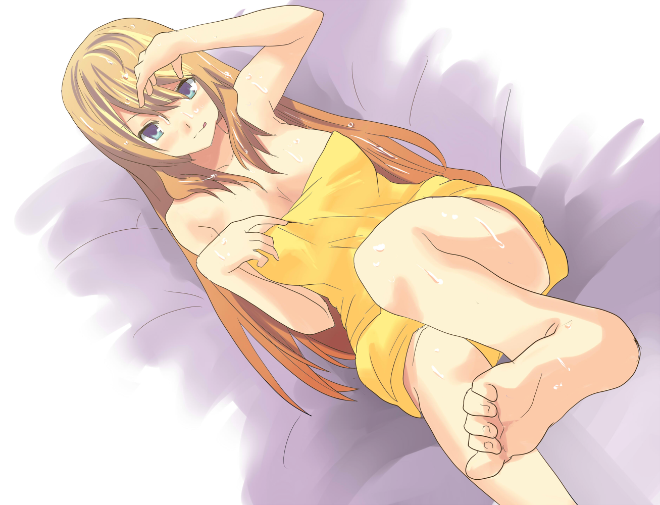 hyakuen raitaa, original, bad id, bad pixiv id, 1girl, bad anatomy, bad feet, barefoot, breasts, cleavage, feet, female focus, medium breasts, naked towel, poorly drawn, solo, sweat, towel
