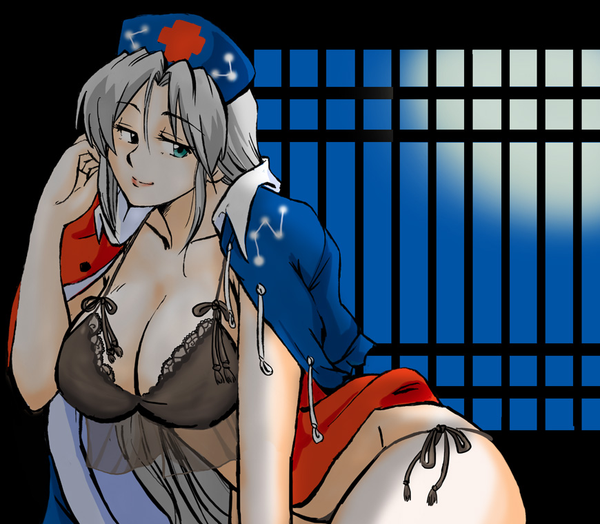 azuki osamitsu, yagokoro eirin, touhou, silver hair, 1girl, bra, breasts, cleavage, female focus, indoors, large breasts, lingerie, panties, sky, solo, underwear