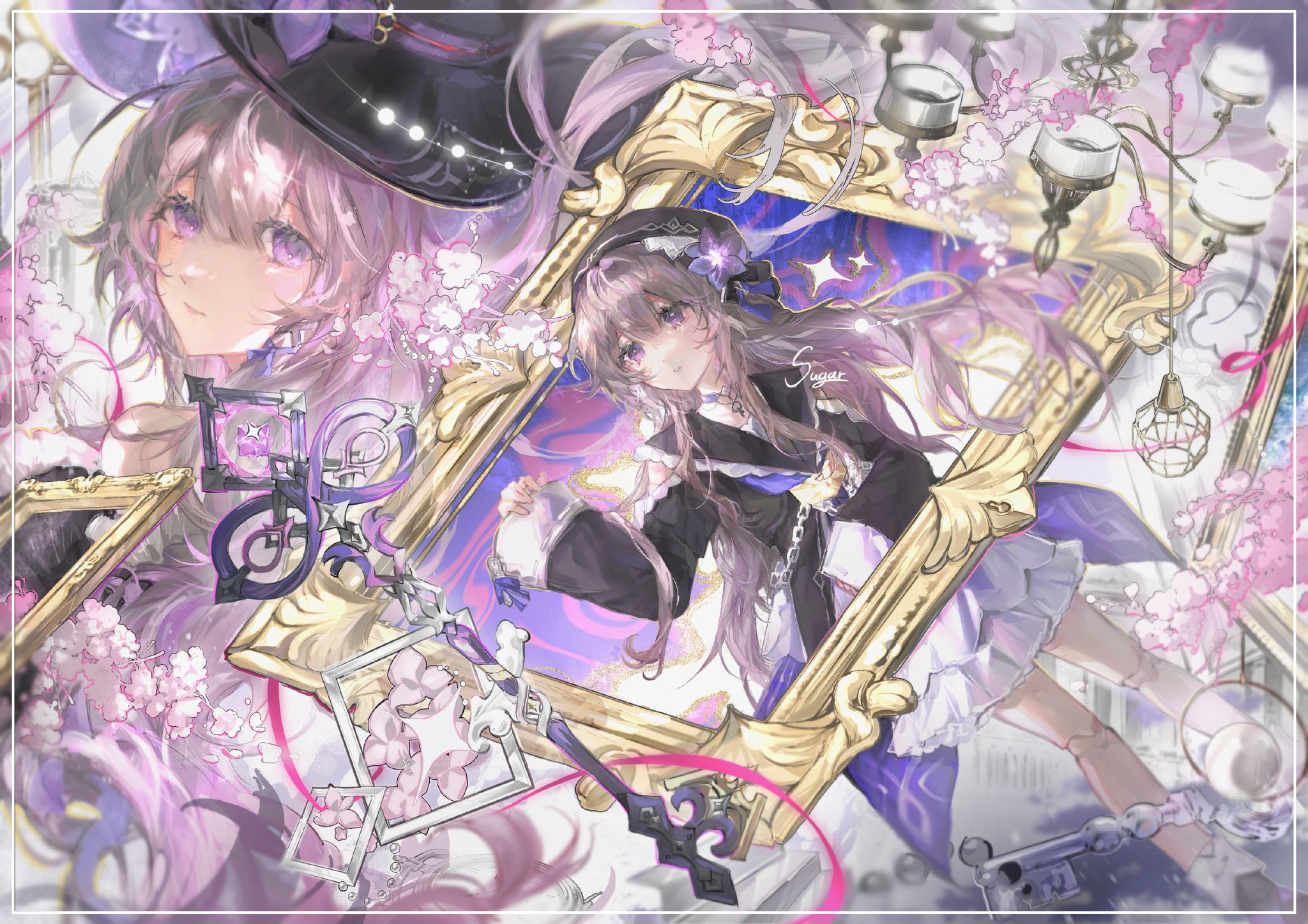 herta (honkai: star rail), herta (puppet) (honkai: star rail), the herta (honkai: star rail), honkai: star rail, honkai (series), highres, 2girls, beret, brown hair, chandelier, doll joints, dress, empty picture frame, hat, joints, key, long hair, multiple girls, picture frame, purple eyes, staff, very long hair, white dress, witch hat, zenta twt1