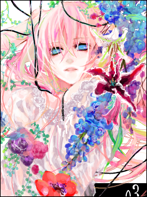 yakisobapan (artist), megurine luka, vocaloid, bad id, bad pixiv id, 1girl, breasts, cable, cleavage, female focus, flower, large breasts, see-through clothes, solo, wire