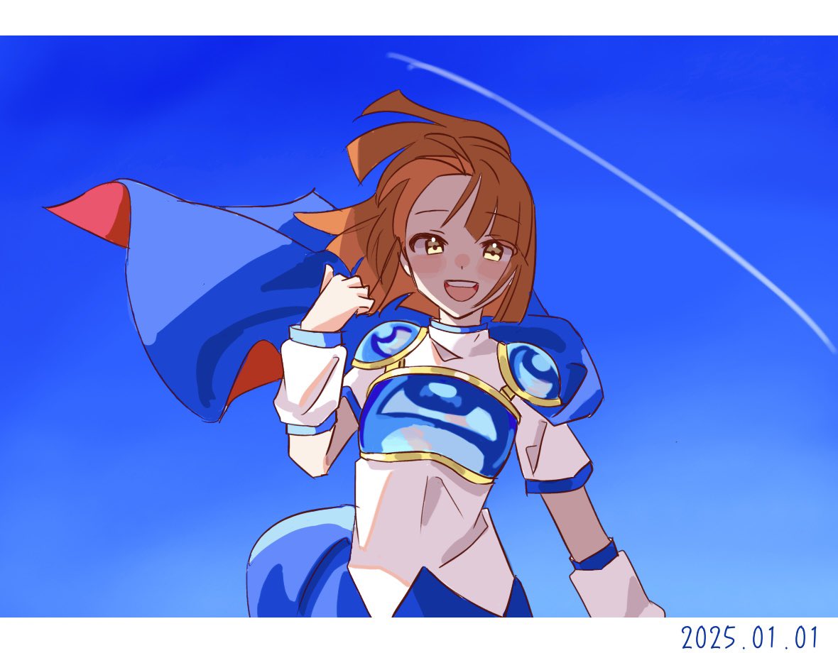 minagi 379, arle nadja, madou monogatari, puyopuyo, 1girl, arm warmers, armor, armored dress, blush, breastplate, brown eyes, brown hair, cape, contrail, dated, dress, looking at viewer, open mouth, ponytail, shoulder armor, sidelocks, solo, two-tone cape