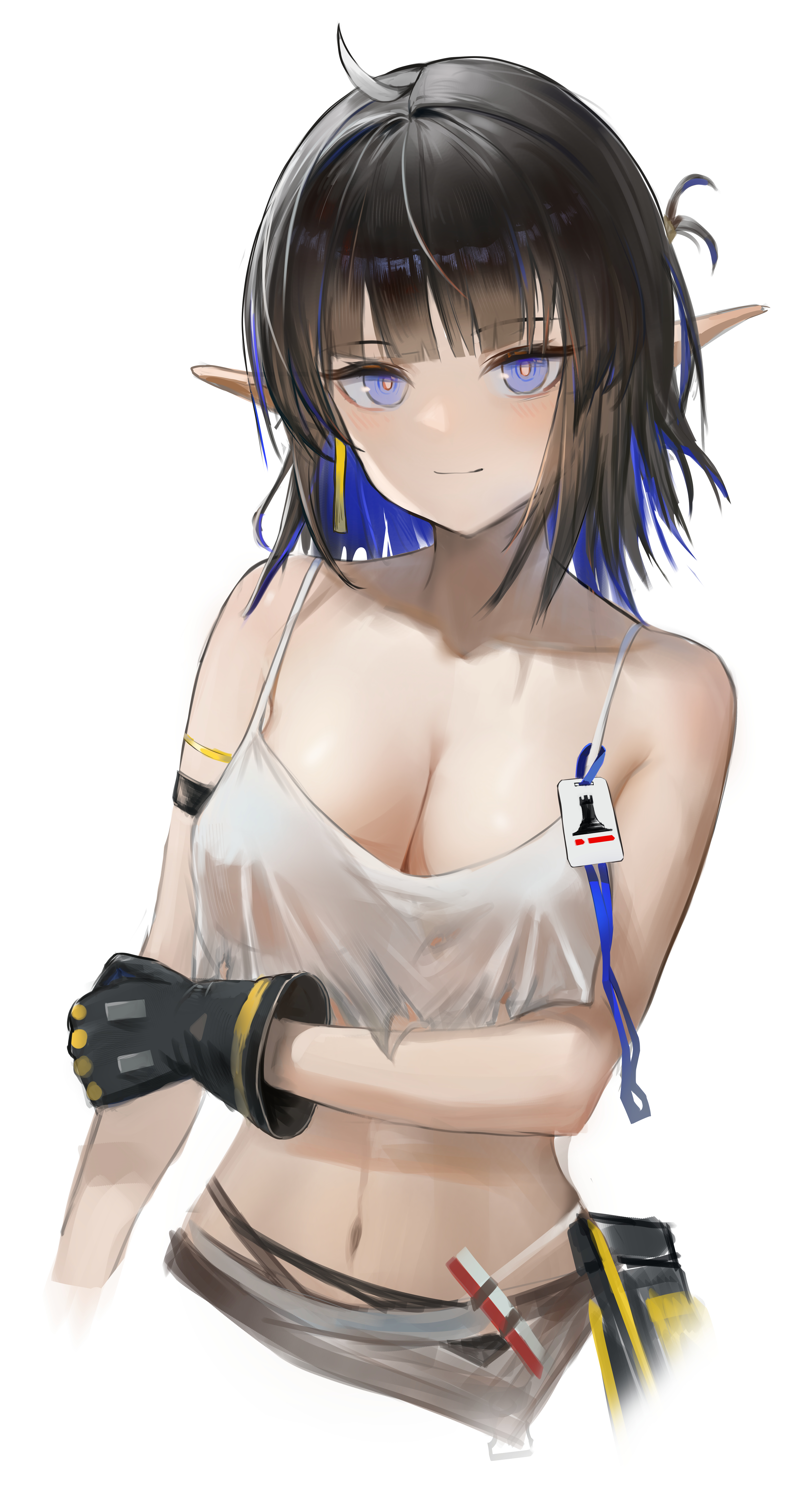 bbgg (pixiv 77795272), eunectes (arknights), eunectes (forgemaster) (arknights), arknights, absurdres, highres, 1girl, ahoge, arm under breasts, armpit crease, bare shoulders, black gloves, black hair, blue eyes, blue hair, blush, breasts, bright pupils, camisole, cleavage, colored inner hair, crop top, gloves, hand on own arm, holding own arm, light smile, looking at viewer, medium breasts, medium hair, midriff, multicolored hair, navel, official alternate costume, pointy ears, rhodes island logo (arknights), simple background, single glove, sleeveless, solo, spaghetti strap, two-tone hair, upper body, white background, white camisole