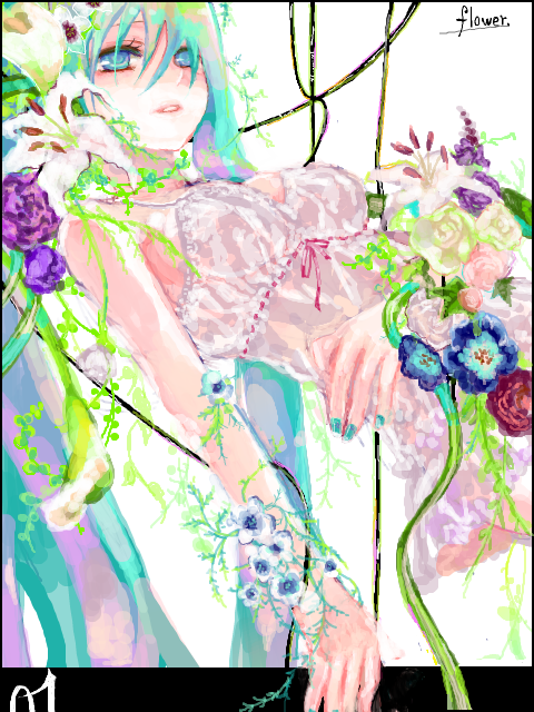 yakisobapan (artist), hatsune miku, vocaloid, bad id, bad pixiv id, tagme, dress, flower, see-through clothes, solo