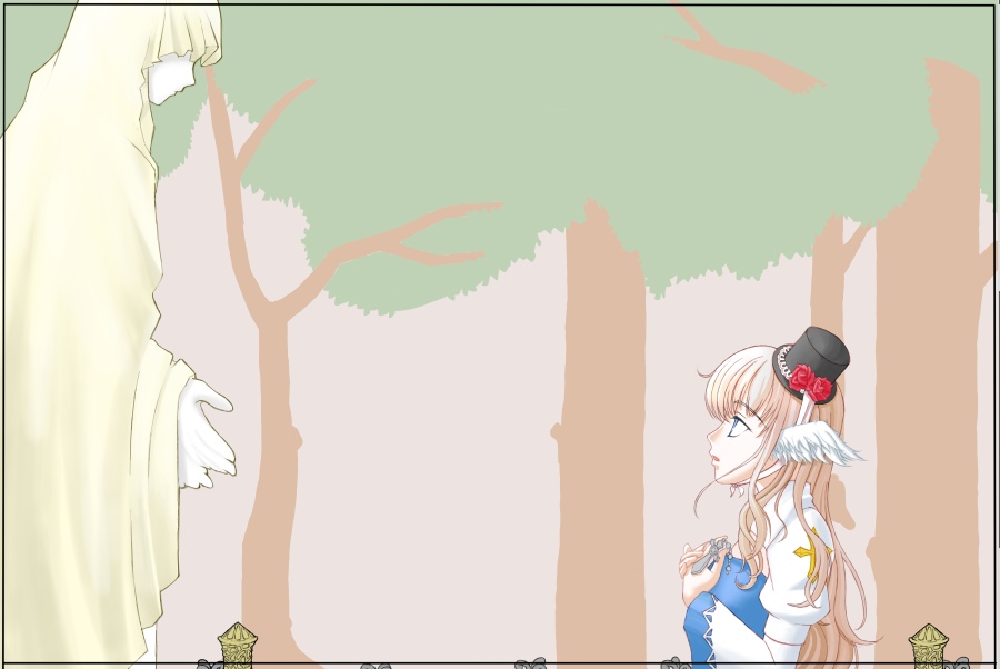 arch bishop (ragnarok online), comiket 85, ragnarok online, commentary request, painttool sai (medium), 1girl, black hat, blue dress, border, brown hair, cross, dress, hat, juliet sleeves, long hair, long sleeves, mimikuma, mini hat, mini top hat, own hands together, puffy sleeves, sash, solo, statue, top hat, tree, two-tone dress, upper body, white dress, yellow sash