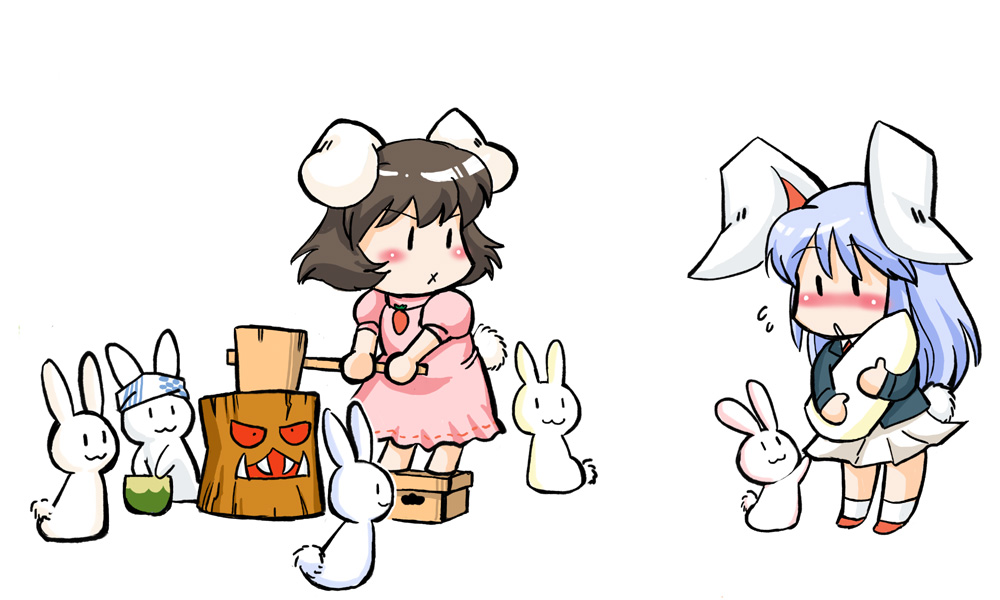 azuki osamitsu, inaba tewi, reisen udongein inaba, touhou, 2girls, :3, animal ears, brown hair, chibi, female focus, multiple girls, rabbit, rabbit ears, short hair, skirt, too many, too many rabbits, x mouth
