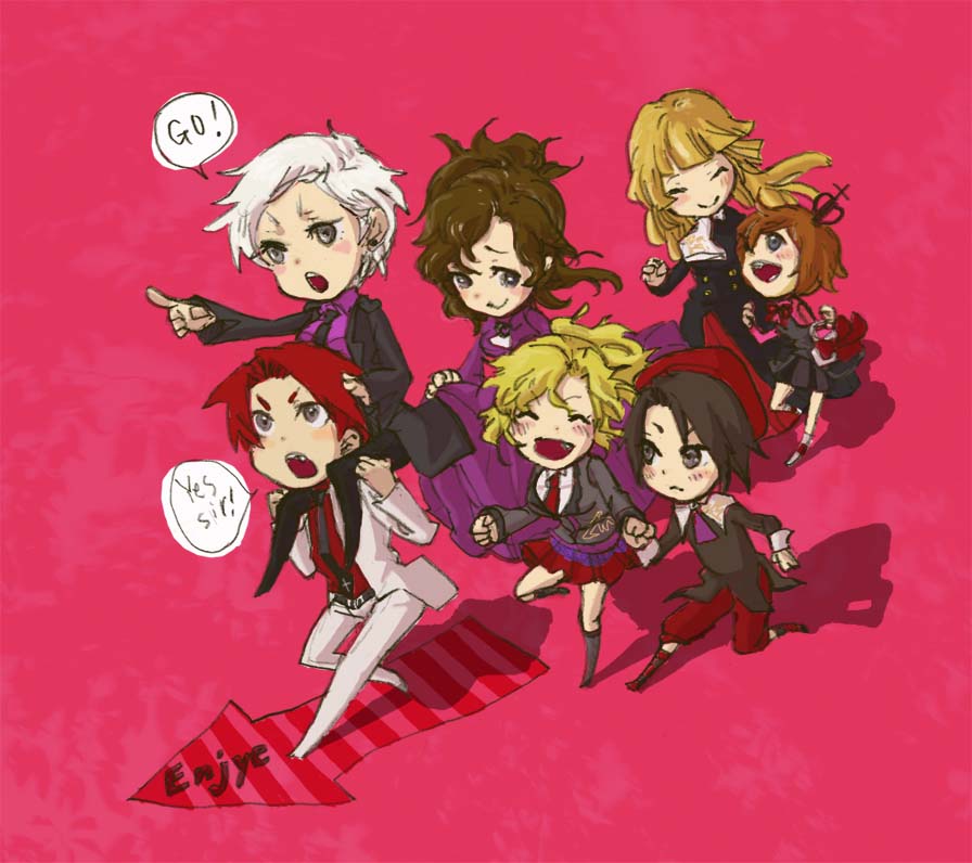 ayane (altonoki), kanon (umineko), ushiromiya battler, ushiromiya jessica, ushiromiya kyrie, ushiromiya maria, ushiromiya natsuhi, ushiromiya rosa, umineko no naku koro ni, silver hair, bad id, bad pixiv id, 00s, 2boys, 5girls, :o, black hair, blazer, blonde hair, brown hair, buttons, carrying, formal clothes, full body, jacket, long sleeves, multiple boys, multiple girls, open mouth, pants, piggyback, pink background, pointing, red hair, short hair, shoulder carry, simple background, suit