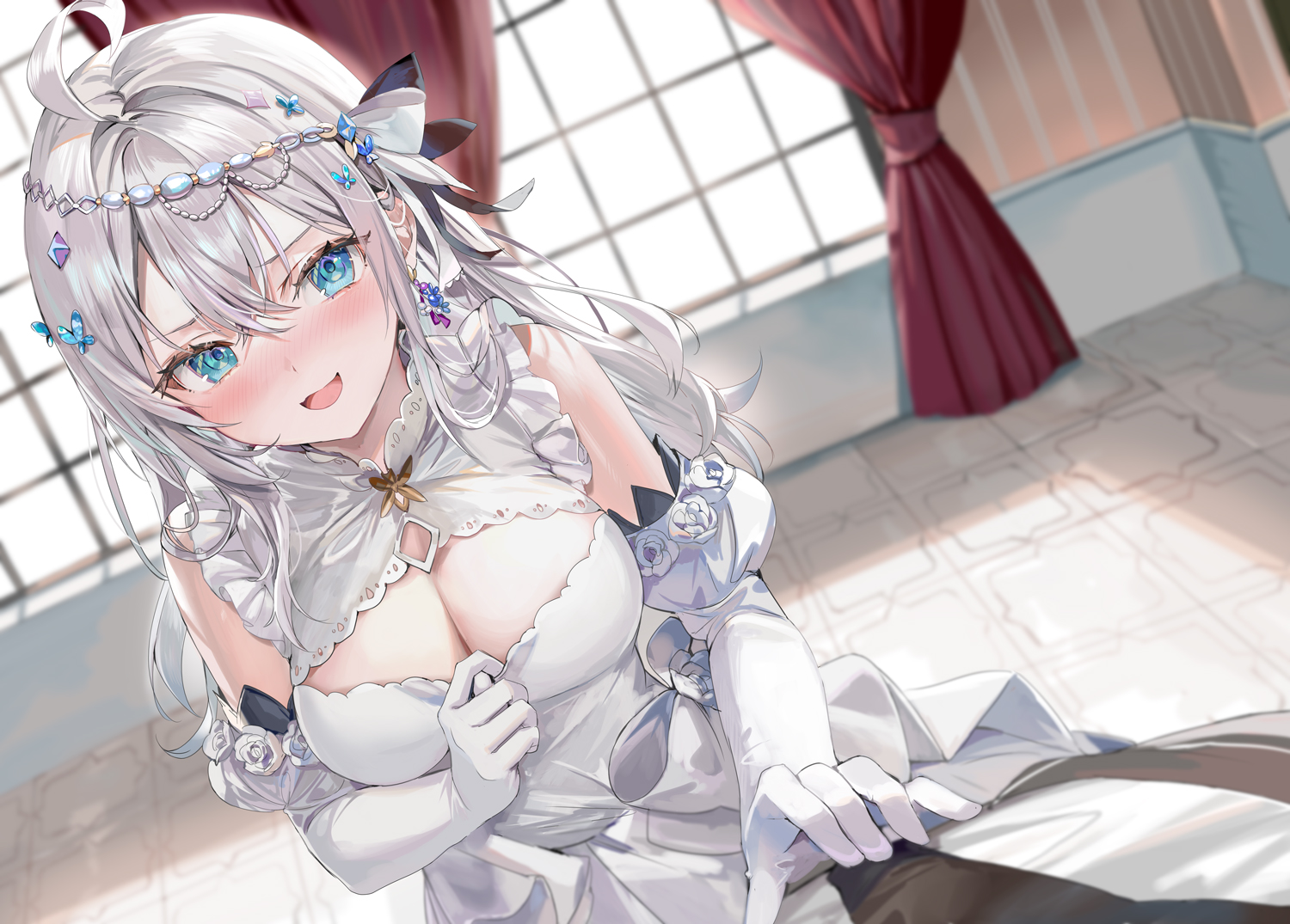 momoko (momopoco), alisa mikhailovna kujou, tokidoki bosotto roshia-go de dereru tonari no alya-san, commentary request, novel illustration, official art, 1girl, :d, ahoge, bare shoulders, blue eyes, blurry, blush, bow, breasts, circlet, cleavage, cleavage cutout, clothing cutout, crossed bangs, curtains, depth of field, detached sleeves, dress, dutch angle, earrings, elbow gloves, embarrassed, frilled dress, frills, gloves, hair between eyes, hair bow, hair ornament, indoors, jewelry, juliet sleeves, large breasts, long hair, long sleeves, looking at viewer, nose blush, official alternate costume, open mouth, puffy sleeves, sleeveless, sleeveless dress, smile, solo focus, white dress, white gloves, white hair