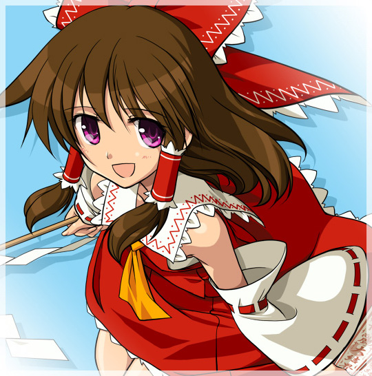 shimamura miwa, hakurei reimu, touhou, 1girl, bow, brown hair, detached sleeves, female focus, gradient background, hair bow, japanese clothes, long hair, miko, purple eyes, ribbon, short hair, solo, white background