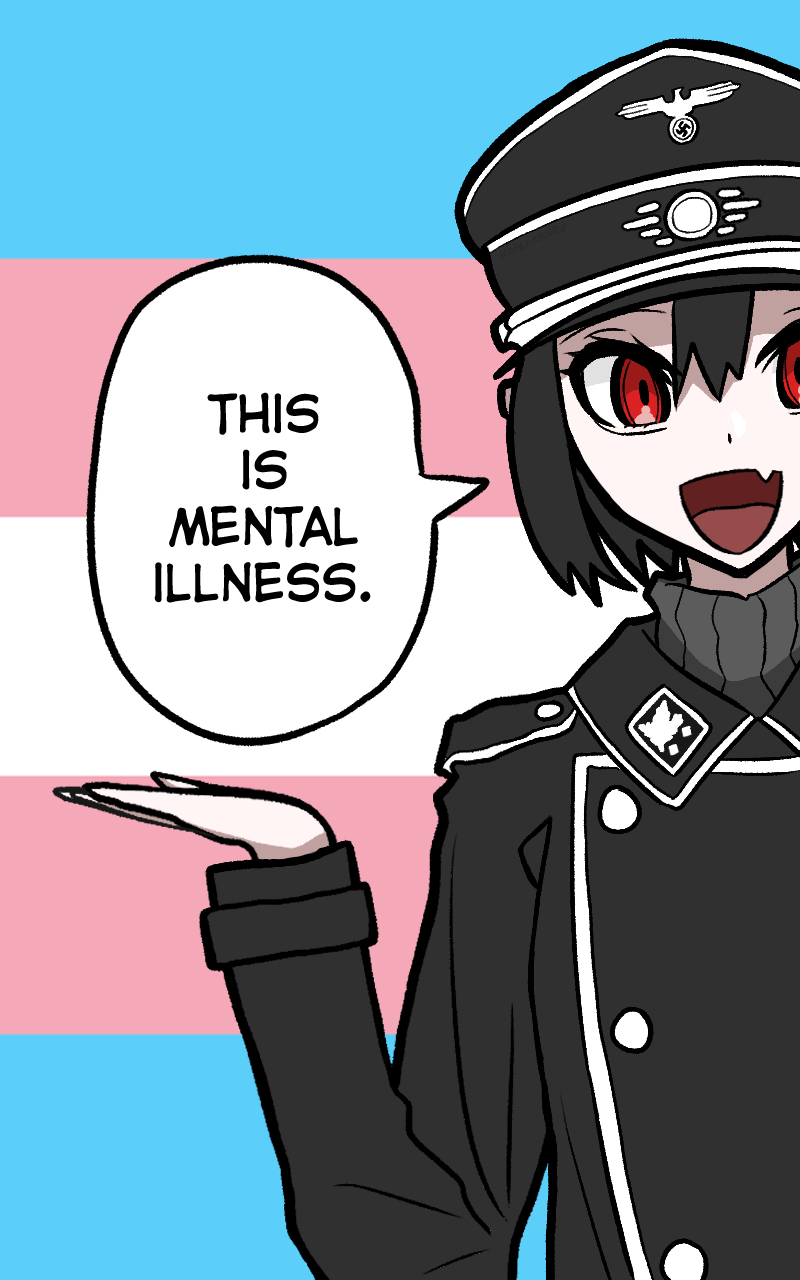 koalakanru, original, highres, 1girl, black hair, black hat, fang, flag background, hat, jacket, lapels, looking at viewer, military hat, military uniform, nazi, open mouth, peaked cap, red eyes, reichsadler, short hair, solo, speech bubble, ss insignia, ss uniform, sven hoffmann, swastika, talking, transgender flag, waffen-ss