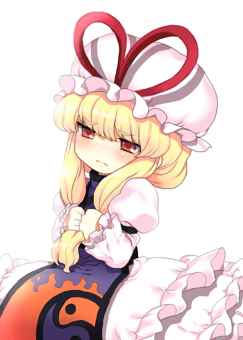 hizuki akira, yakumo yukari, touhou, bad id, bad pixiv id, 1girl, blonde hair, blush, bunching hair, chibi, female focus, frown, hat, pout, red eyes, ribbon, solo