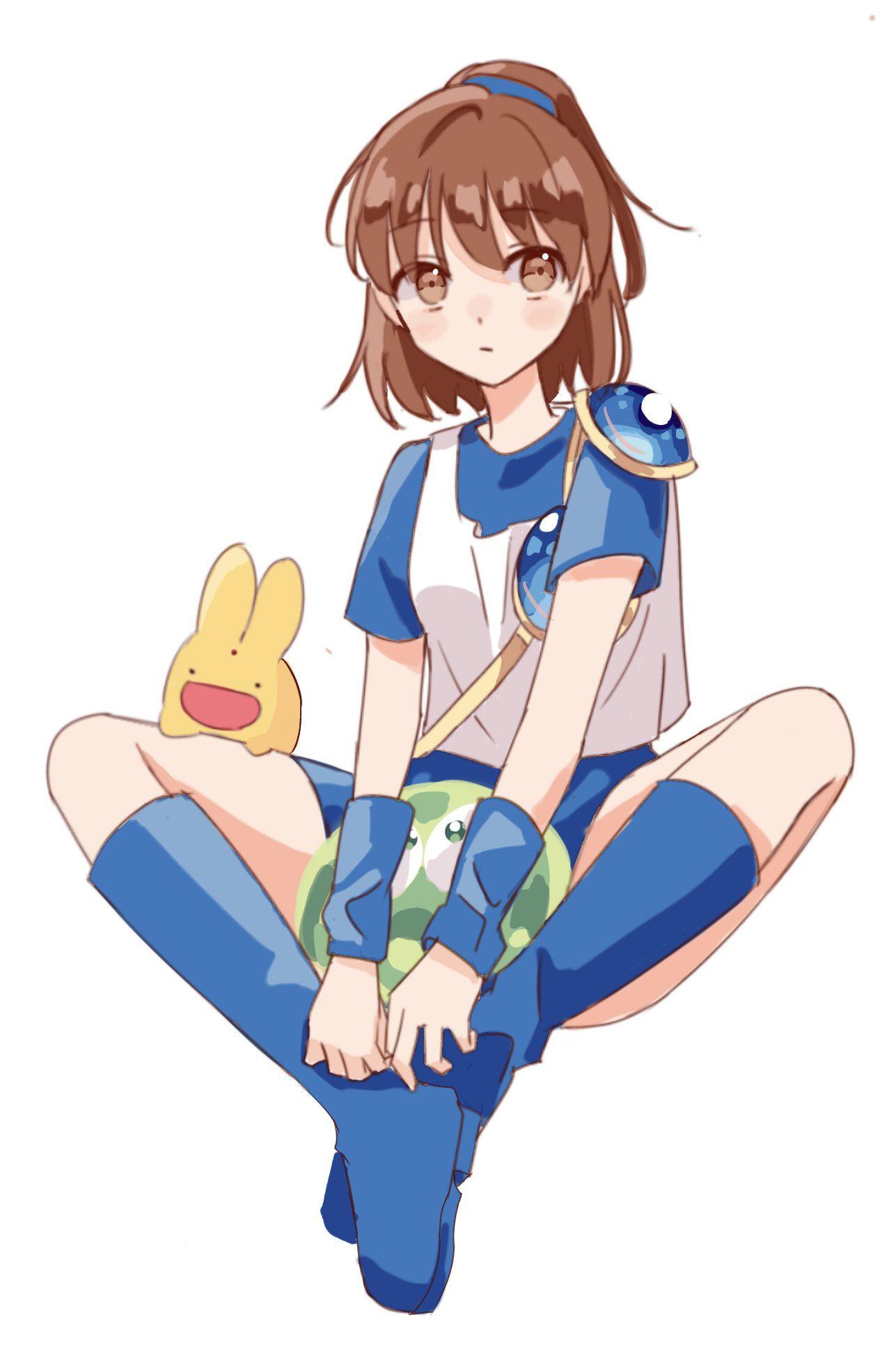 minagi 379, arle nadja, carbuncle (puyopuyo), puyo (puyopuyo), madou monogatari, puyopuyo, highres, 1girl, arm warmers, armor, blue boots, blue scrunchie, blue skirt, boots, breastplate, brown eyes, brown hair, creature, looking to the side, ponytail, scrunchie, shirt, short hair, shoulder armor, sitting, skirt, white shirt