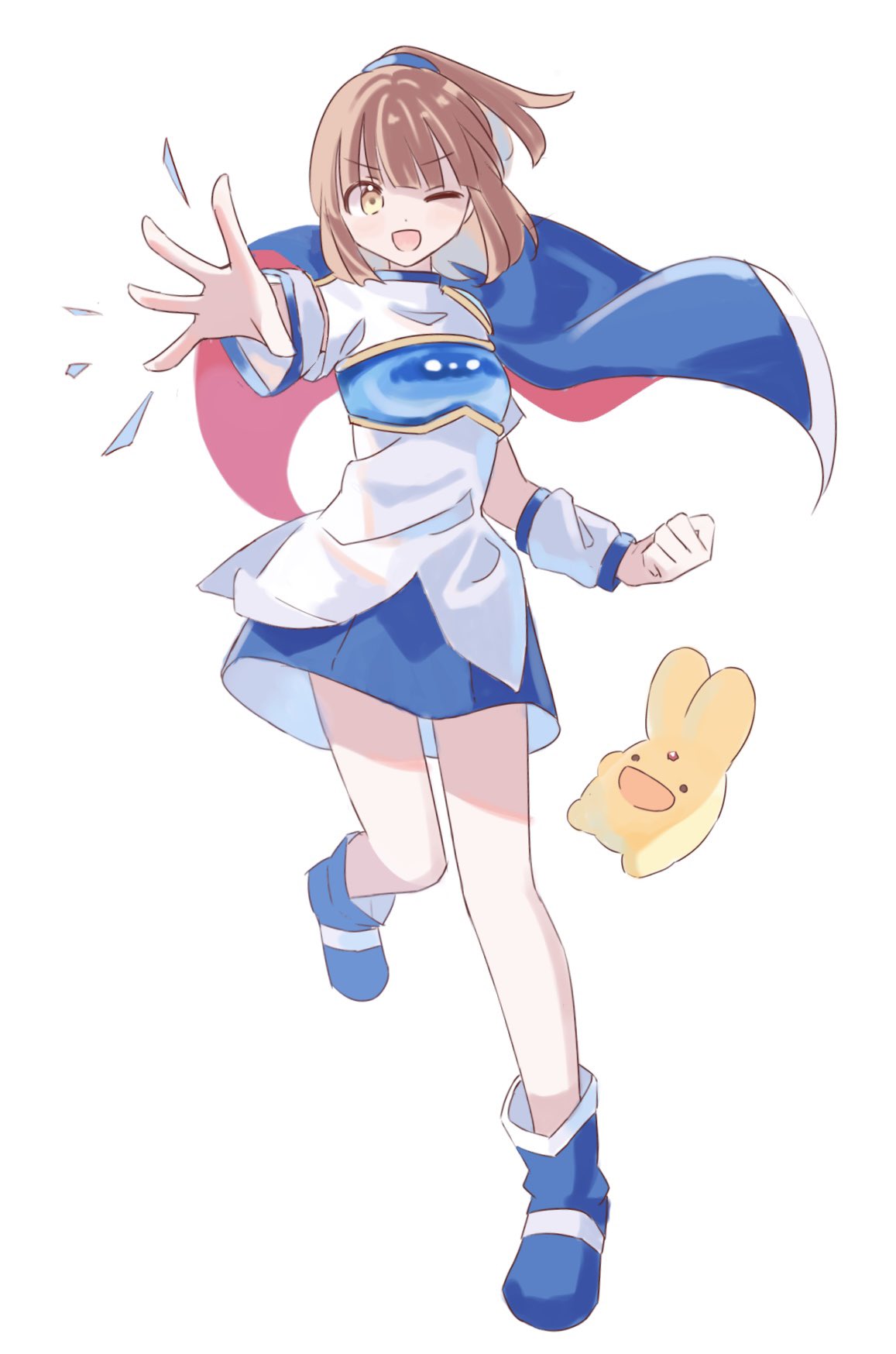 minagi 379, arle nadja, carbuncle (puyopuyo), madou monogatari, puyopuyo, highres, 1girl, arm warmers, armor, armored dress, blue boots, blue skirt, boots, breastplate, brown eyes, brown hair, cape, dress, magic, one eye closed, open mouth, ponytail, sidelocks, skirt, two-tone cape