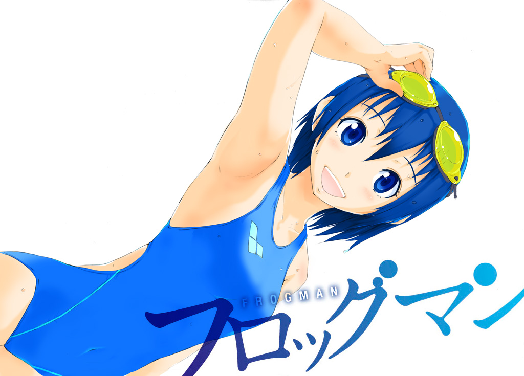 izumi haruka, frogman (manga), official art, 1girl, armpits, blue eyes, blue hair, competition swimsuit, dutch angle, female focus, flat chest, goggles, goggles on head, matching hair/eyes, one-piece swimsuit, short hair, solo, swimsuit