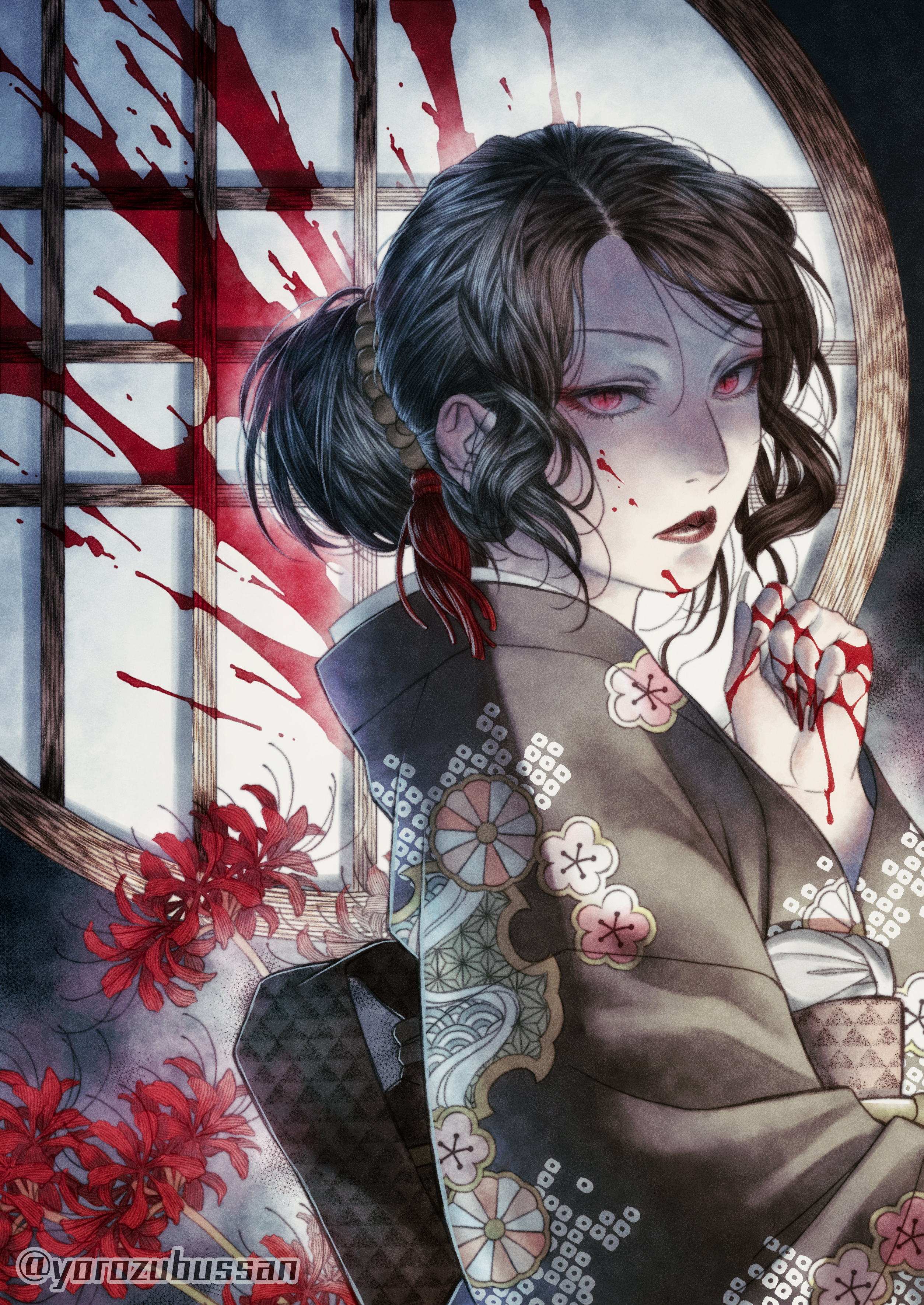 yorozu, kibutsuji muzan, kibutsuji muzan (female), kimetsu no yaiba, absurdres, highres, 1girl, black hair, blood, blood on face, blood on hands, blood on wall, flower, hair bun, japanese clothes, kimono, lipstick, looking at viewer, makeup, red eyes, red flower, short hair, solo, spider lily, wide sleeves